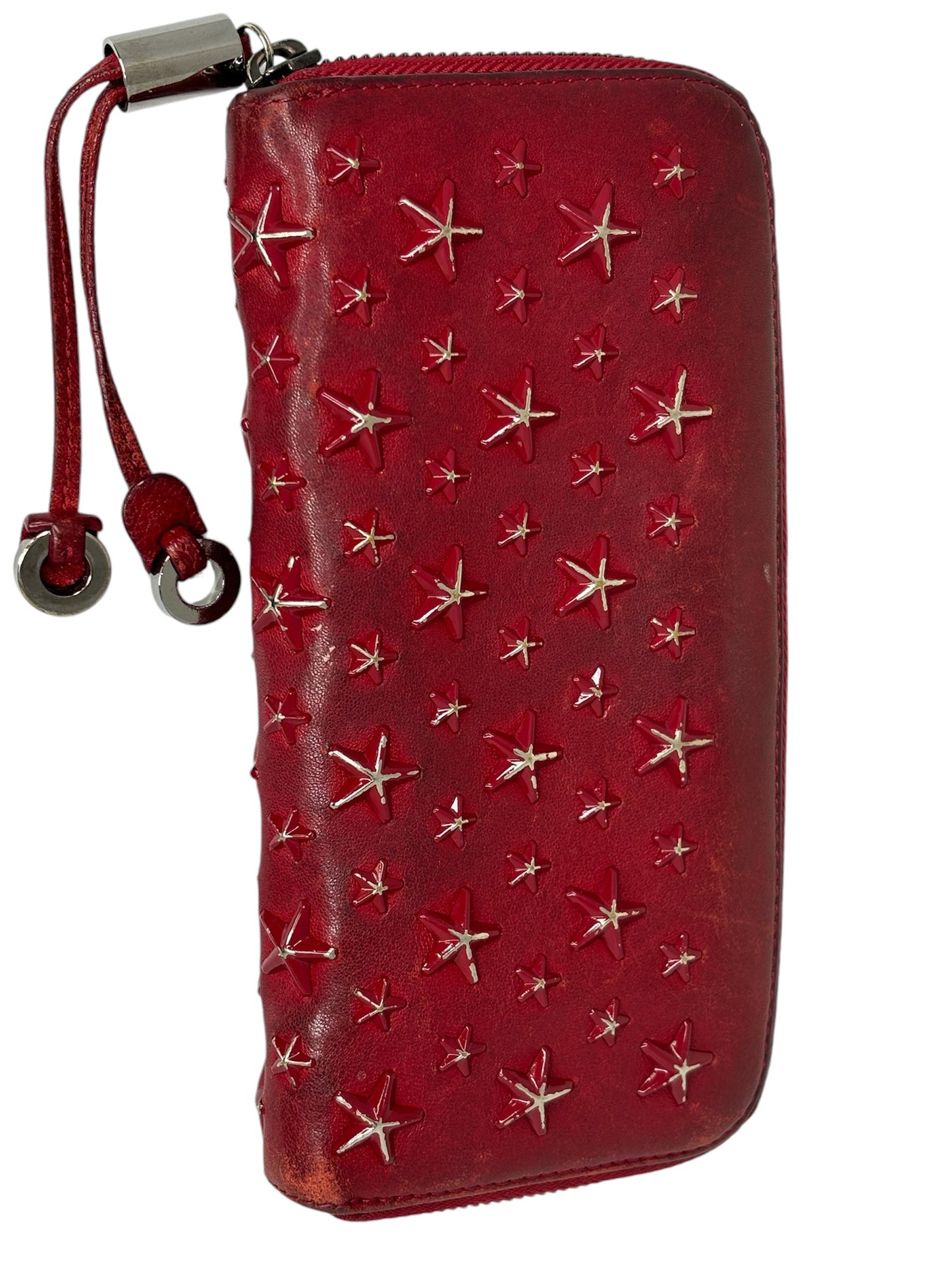 Authentic Jimmy Choo Rebel collection, mid-2010s Red Star-Studded Leather Zip-Around Wallet