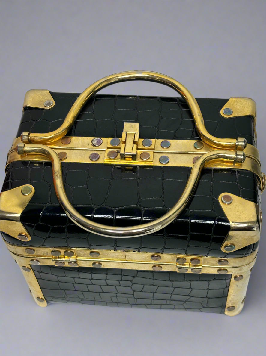 Vintage 1950/1960s Cameco Black and Gold Train Case/Trunk Style Handbag Retro Hard Sided Luggage Small Trunk Bag