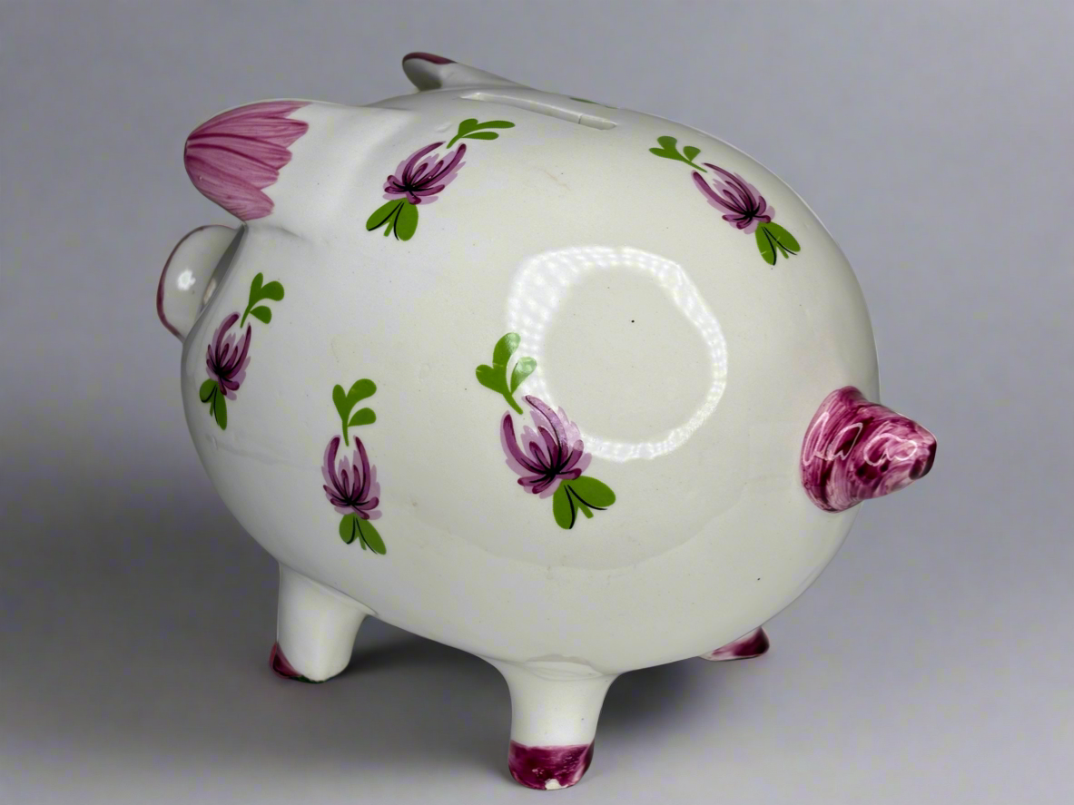 Vintage Ceramic Piggy Bank Hand Painted Pink Flowers