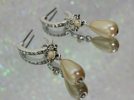 A009 Pearl Drop Silver Toned Earrings 2”