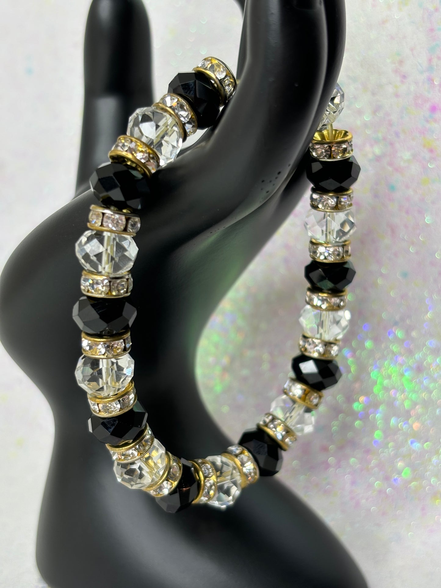 A091 Stretchy Black and Clear Beaded Bracelet