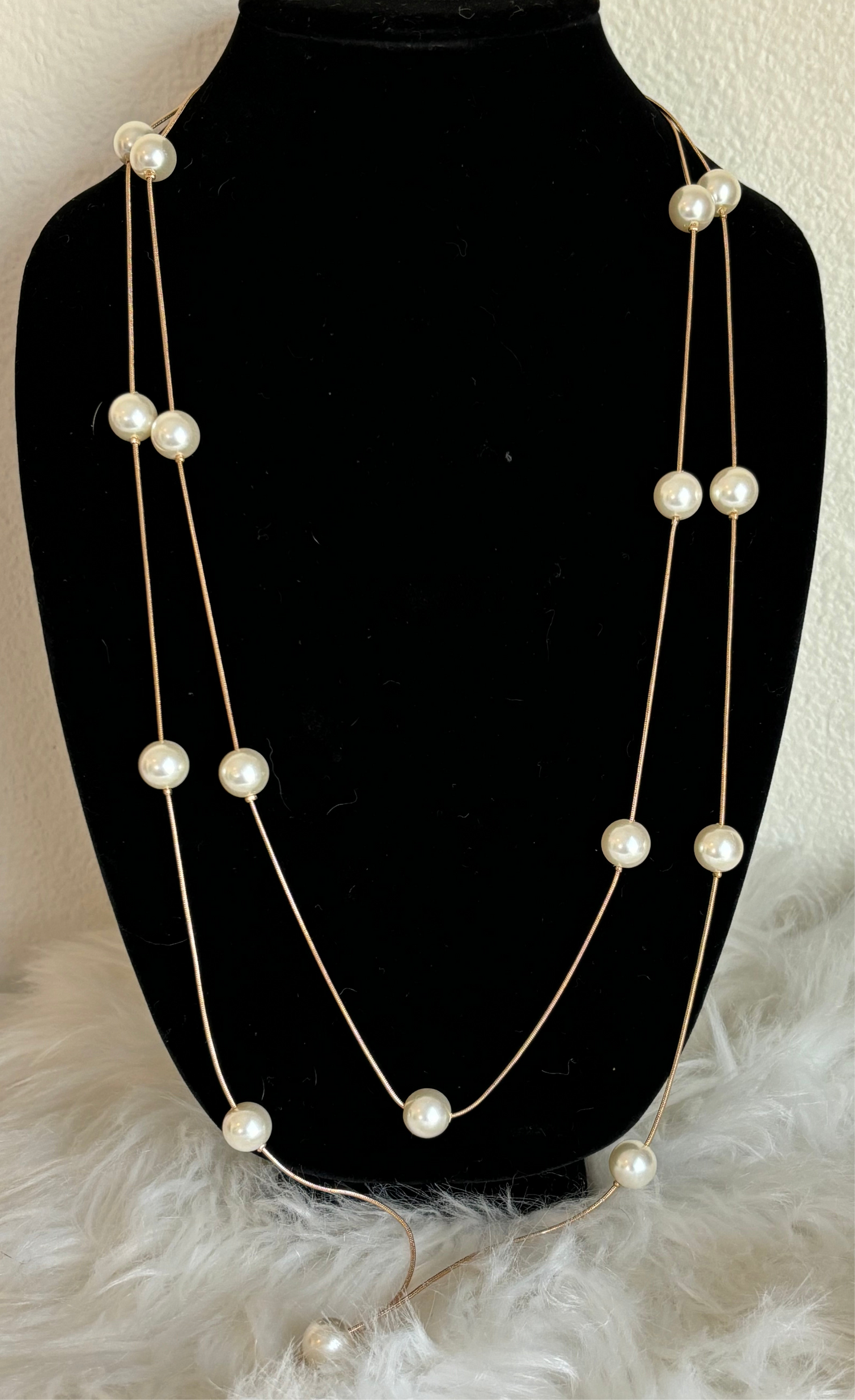 #0002 36” Gold Tones Pearl Two Layered Necklace