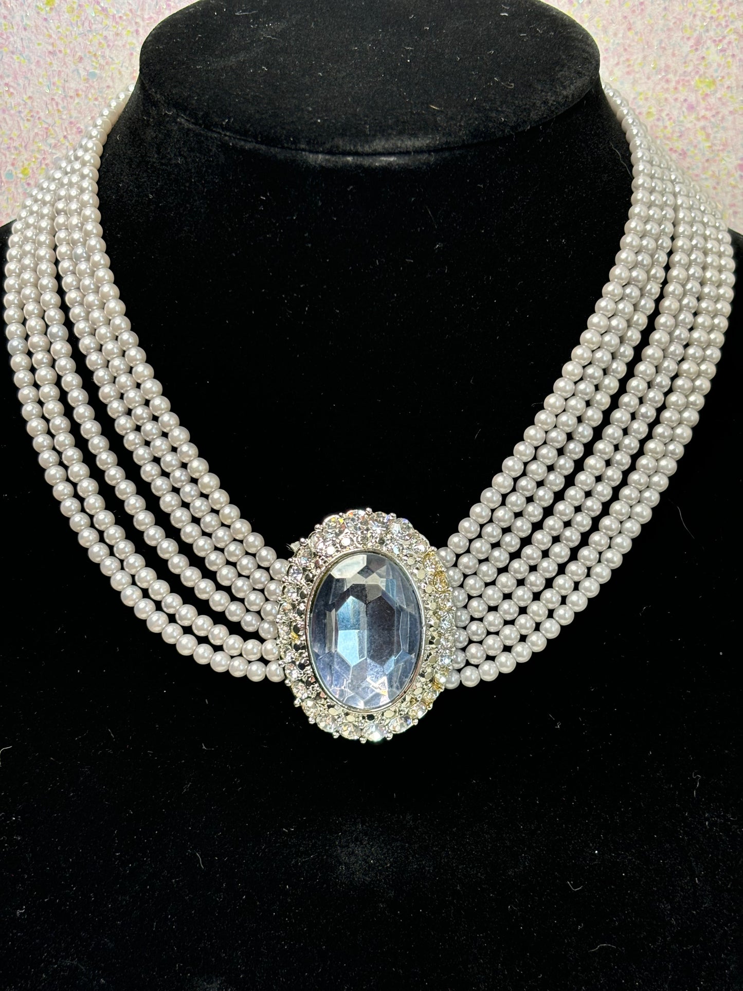 #0006 Stunning Pearl and Large Light Blue Crystal Necklace