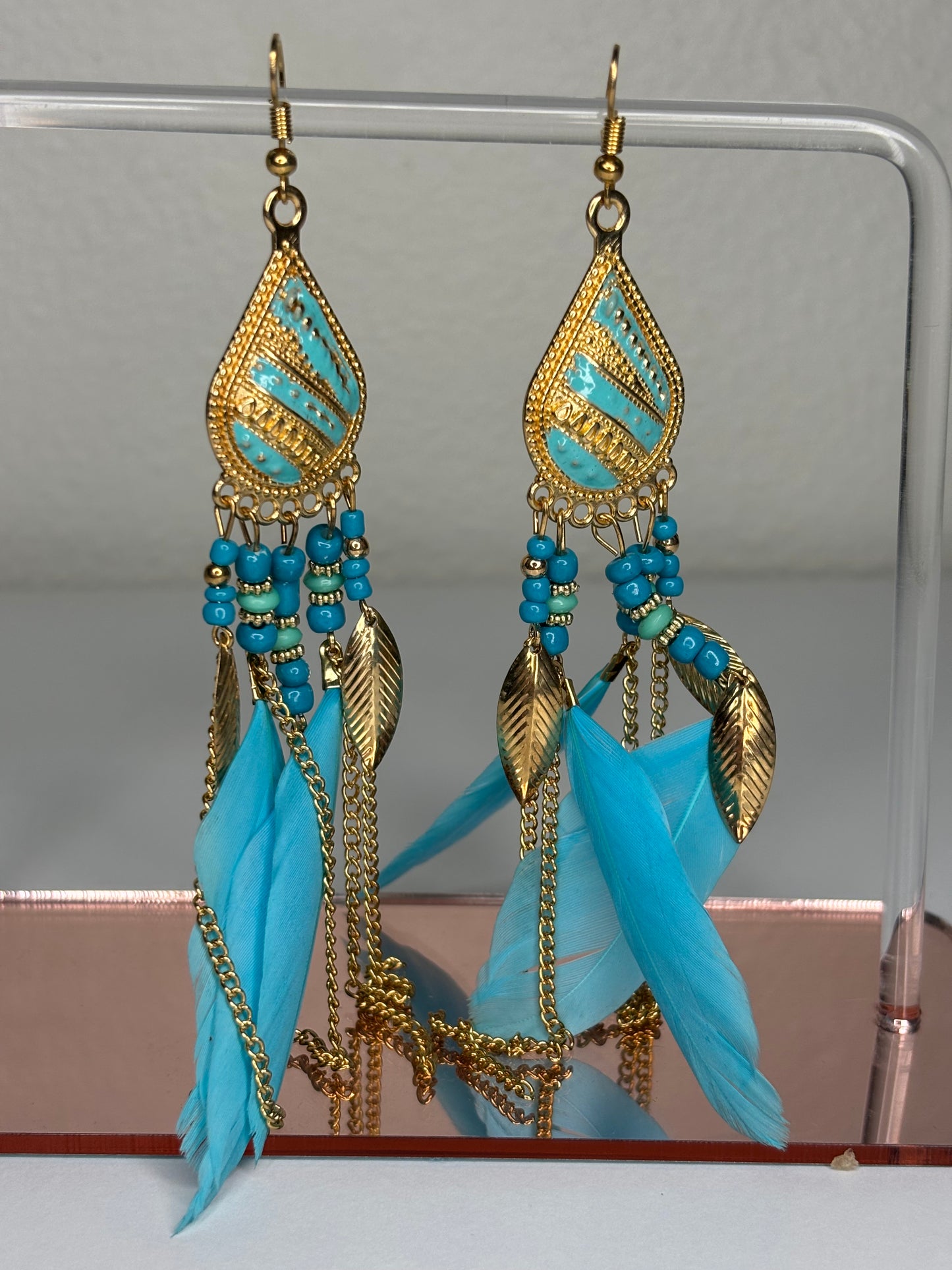 Long 4” Gold Tone and Feather Earrings