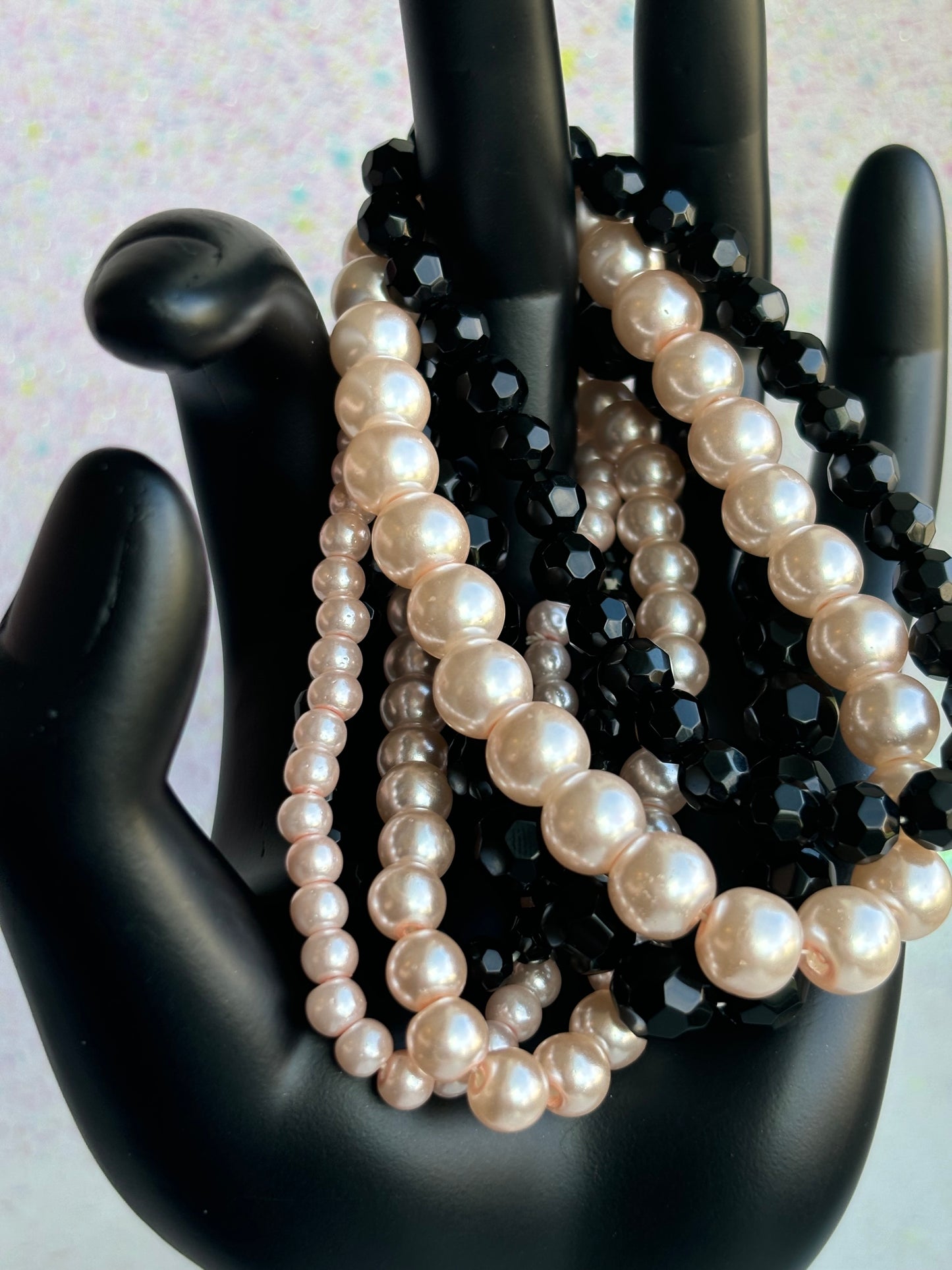 #0072 Stack of Black & Pink Pearls/Beads