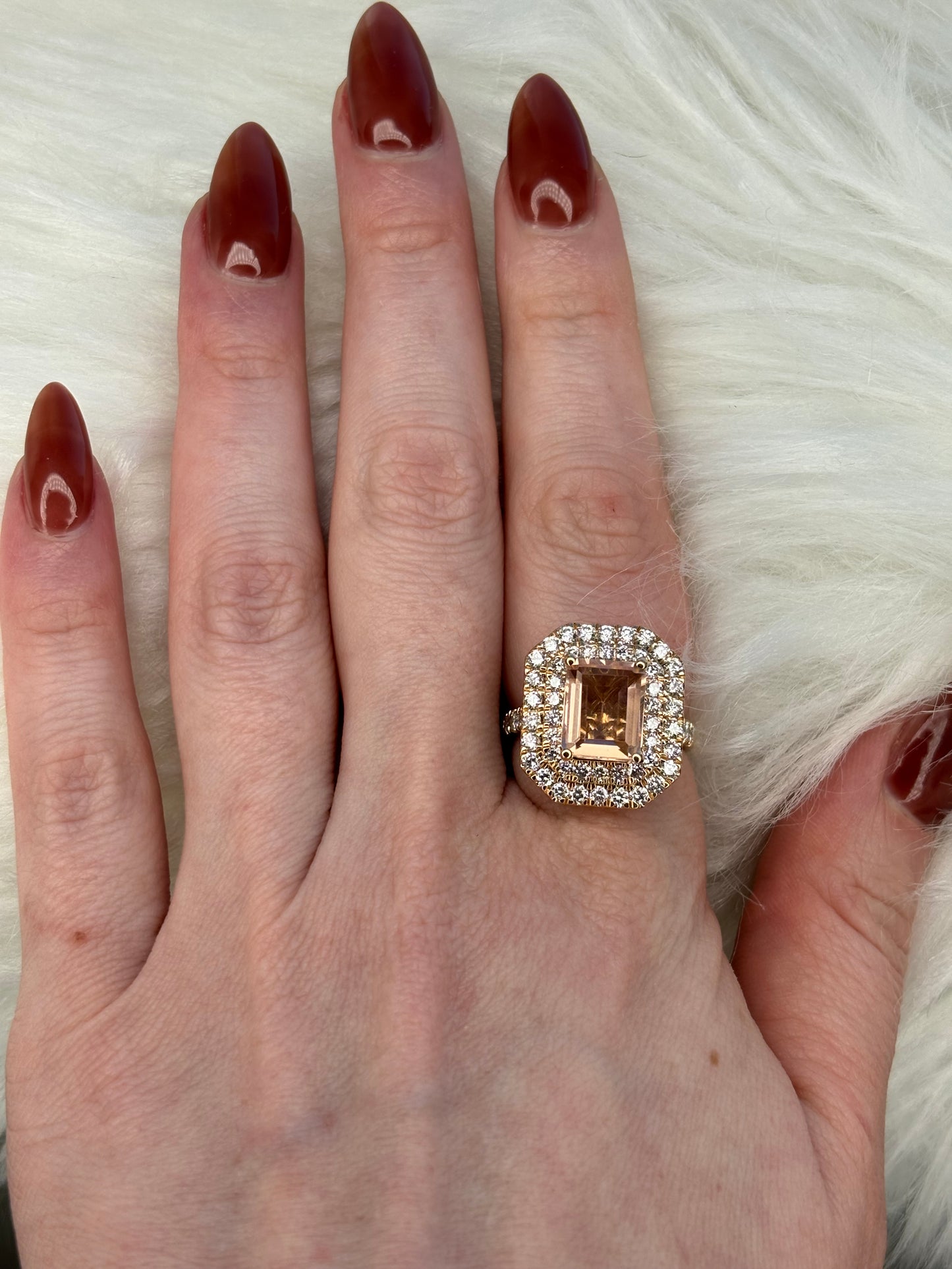 Emerald Cut 4.65 ct Lab Morganite & Diamond Ring Sterling Silver With 14k Rose Gold Overlay Sz 6.75