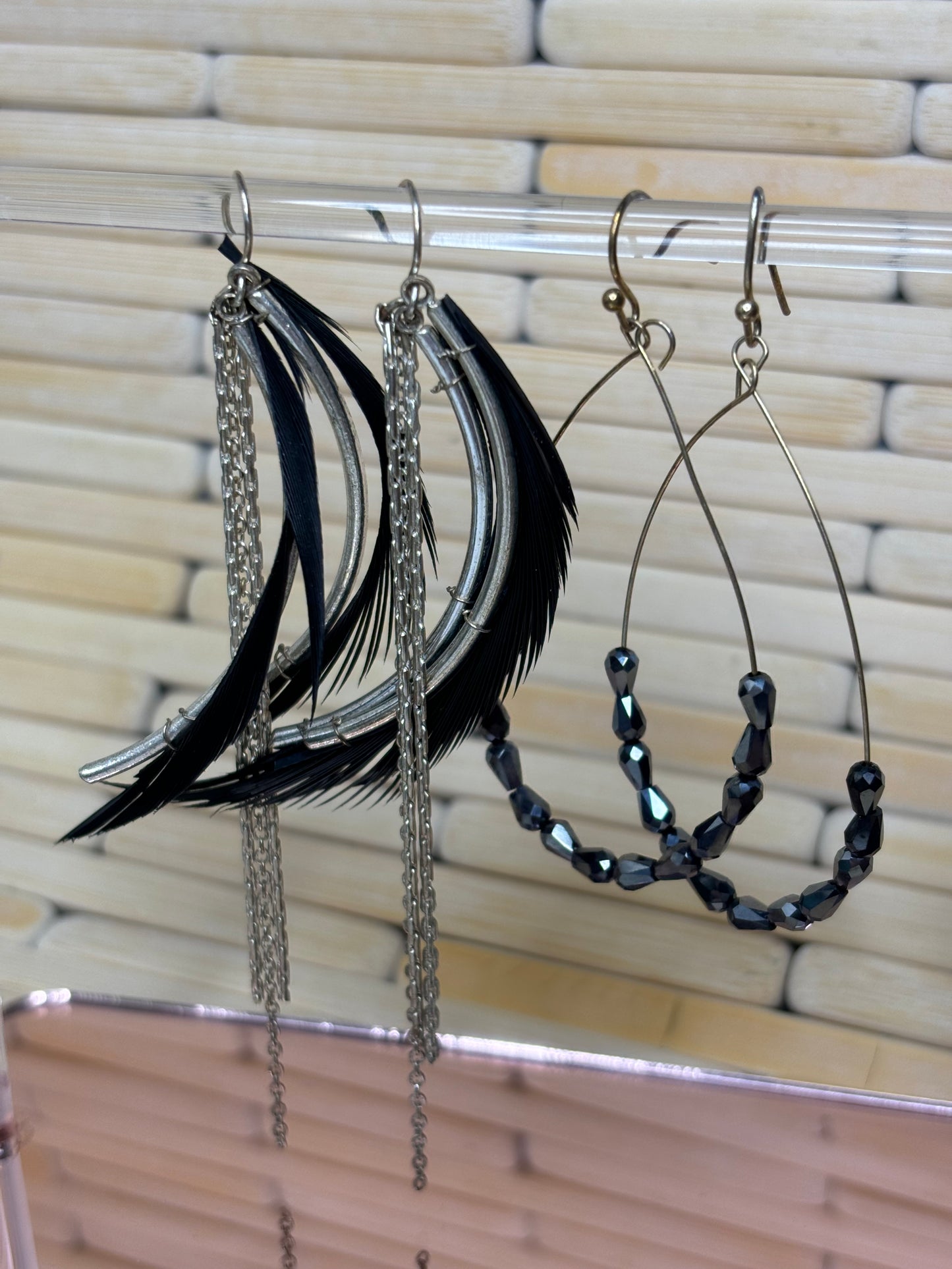 A159 Set of Dangle Black and Silver Tone Earrings