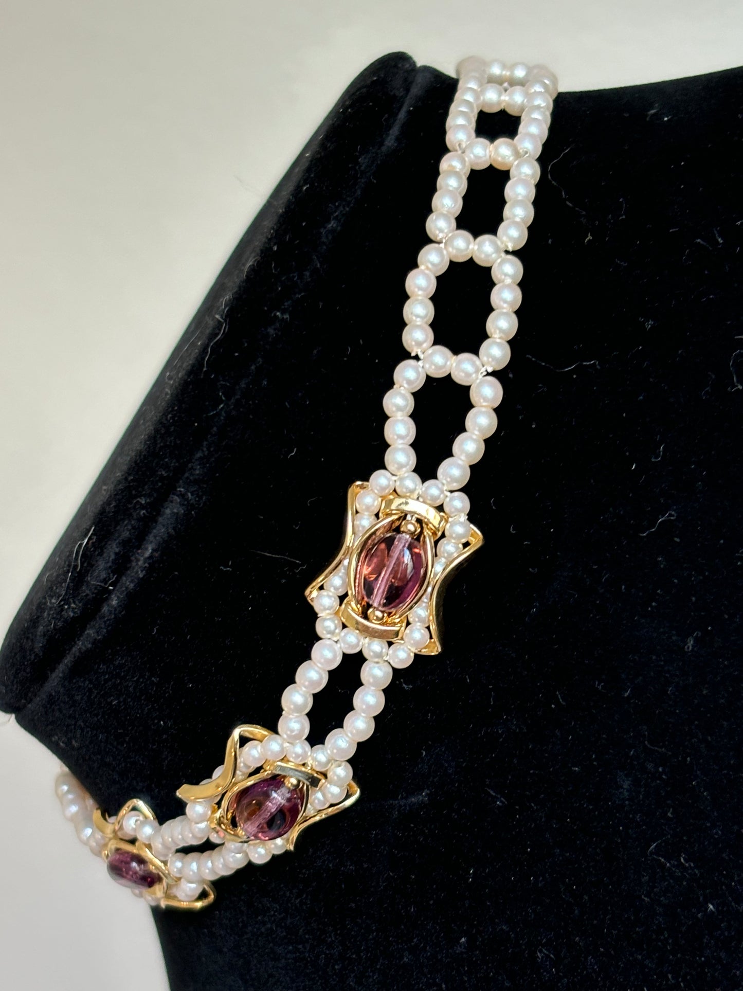 #0013 Gold Toned and Pearl Choker with Purple Glass Beads