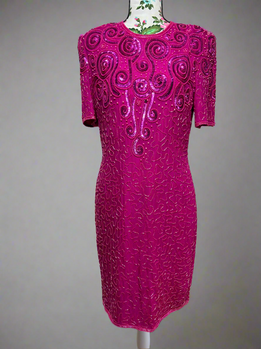 C017 Night Vogue Pink Beaded Cocktail Dress Sz M