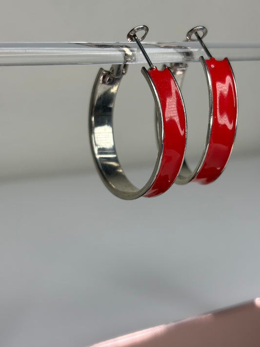 Red 1.5” Hoop Silver Tone Earrings