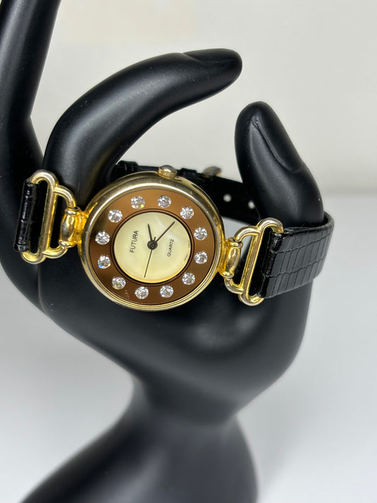 Vintage Women’s Futura Quartz Watch Black Leather Band - New Battery