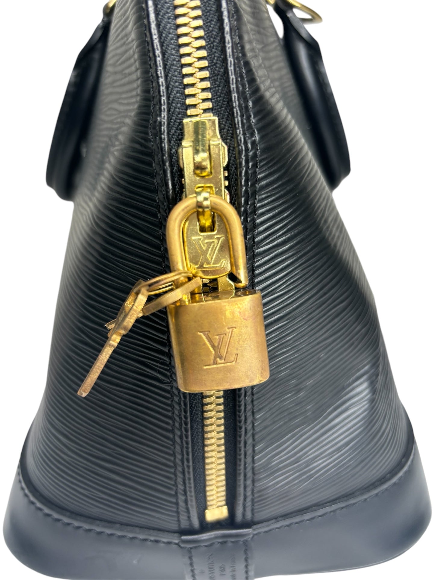 Authentic Louis Vuitton 1997 Black Epi Alma Handbag with LV Brass Lock and Two Keys AR0062