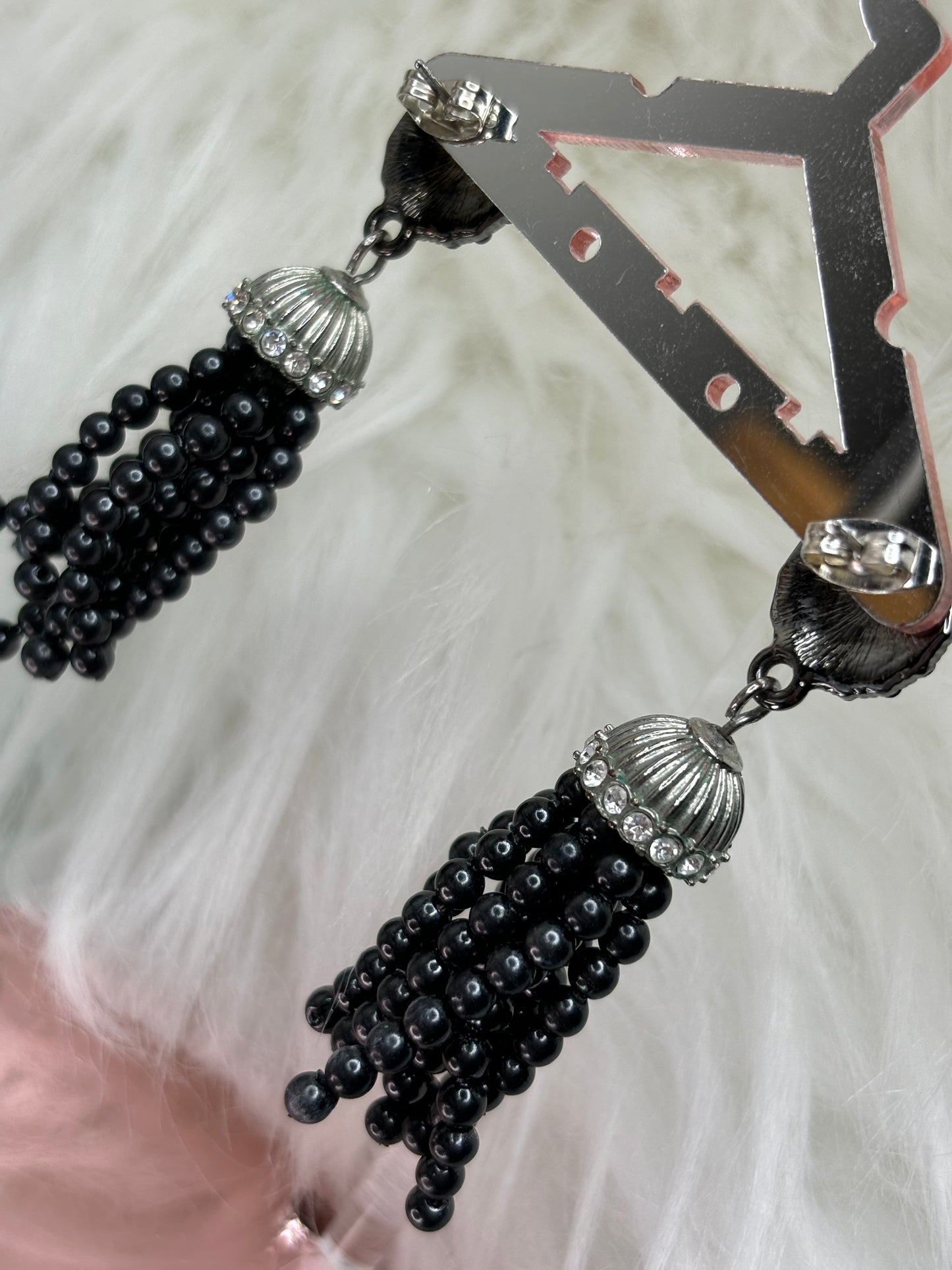 A151 Black Beaded Tassel Silver Tone Earrings