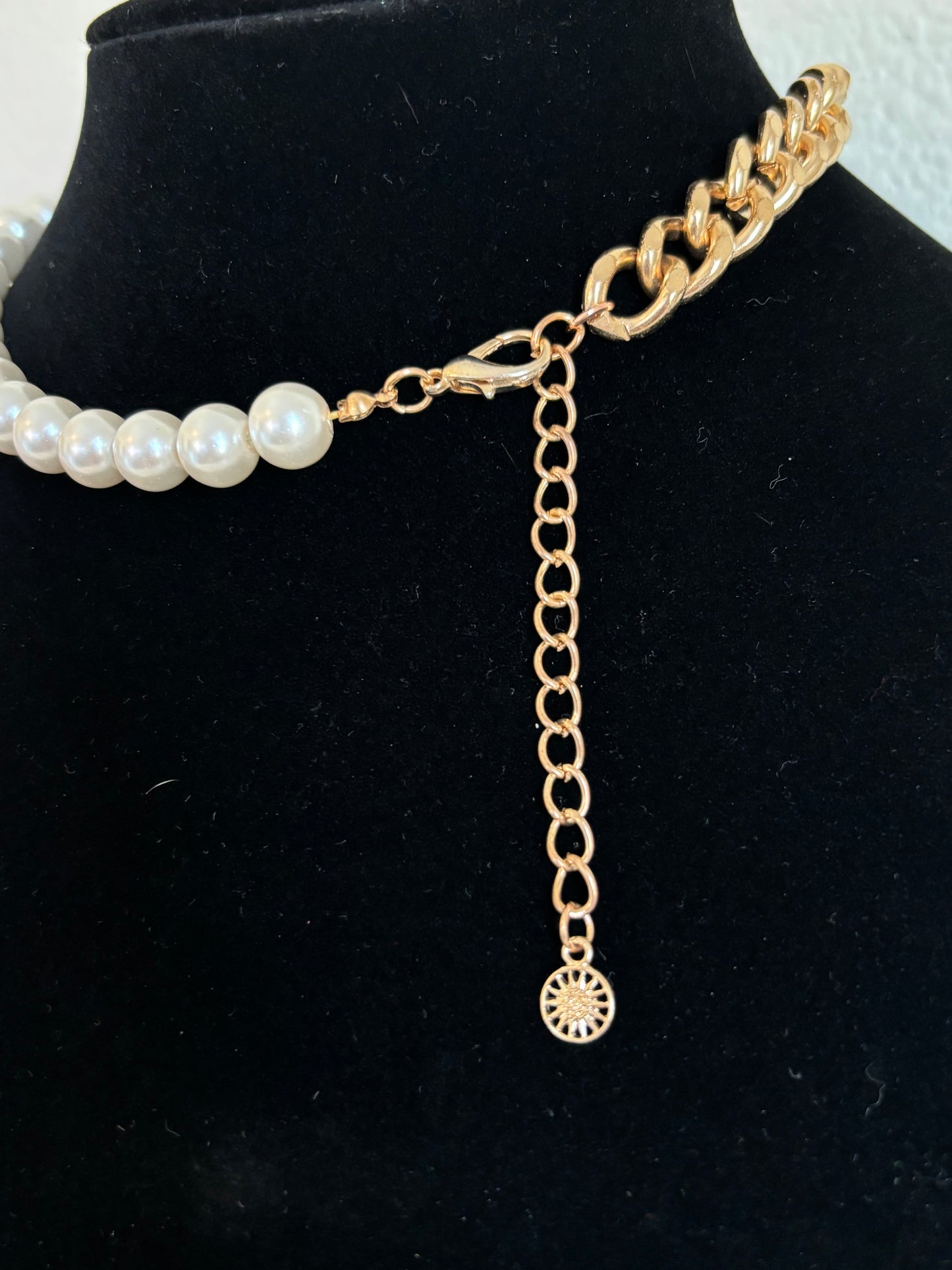 #0012 Gold Toned Chain and Pearl Necklace with Rhinestone Pendant