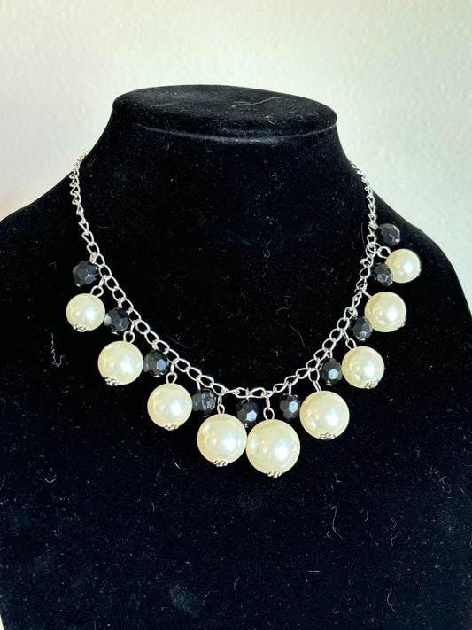 #0078 Silver Toned with Pearls and Black Beads Necklace