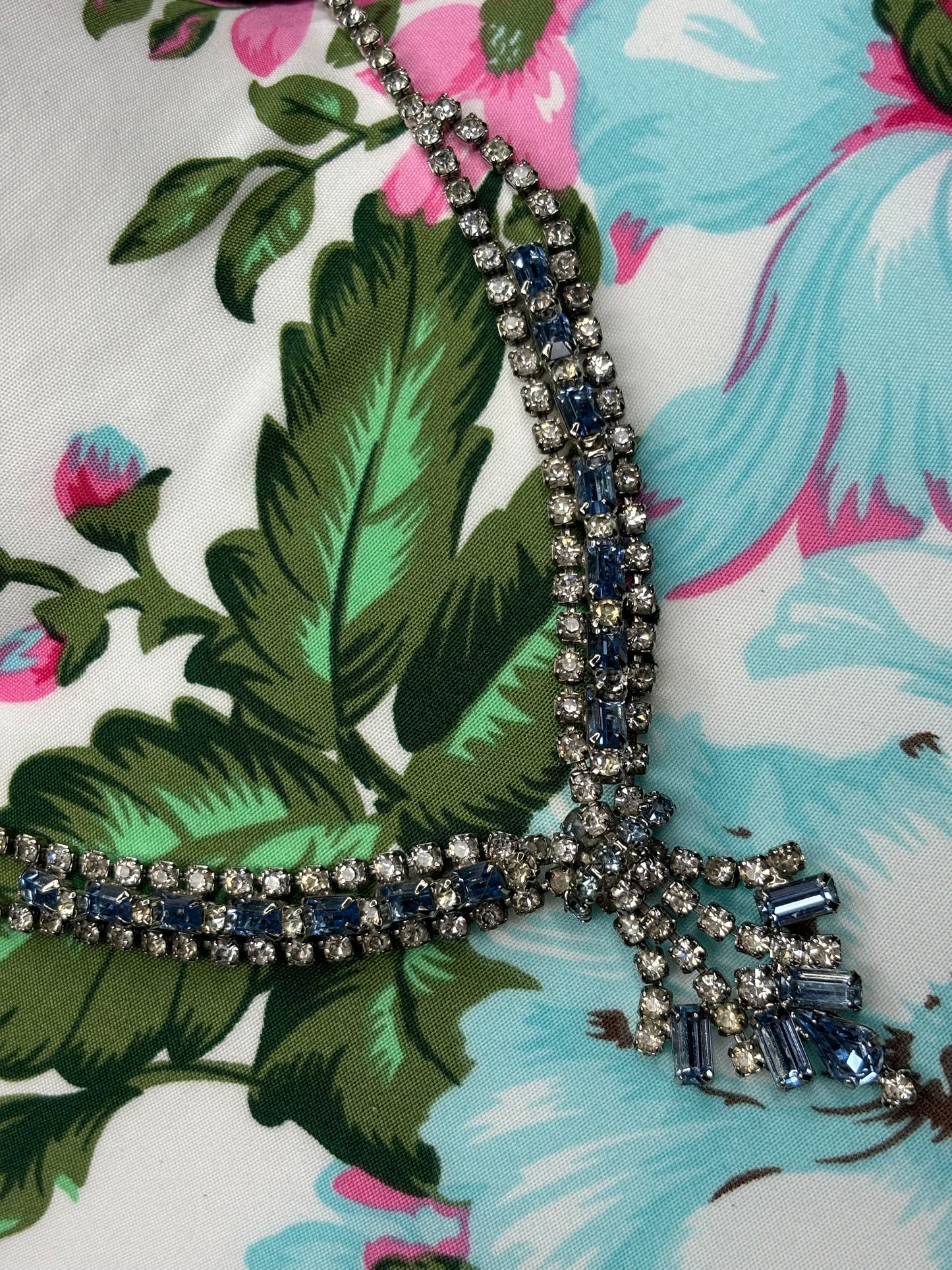 B011 Vintage Blue and Clear Rhinestone Necklace 16”