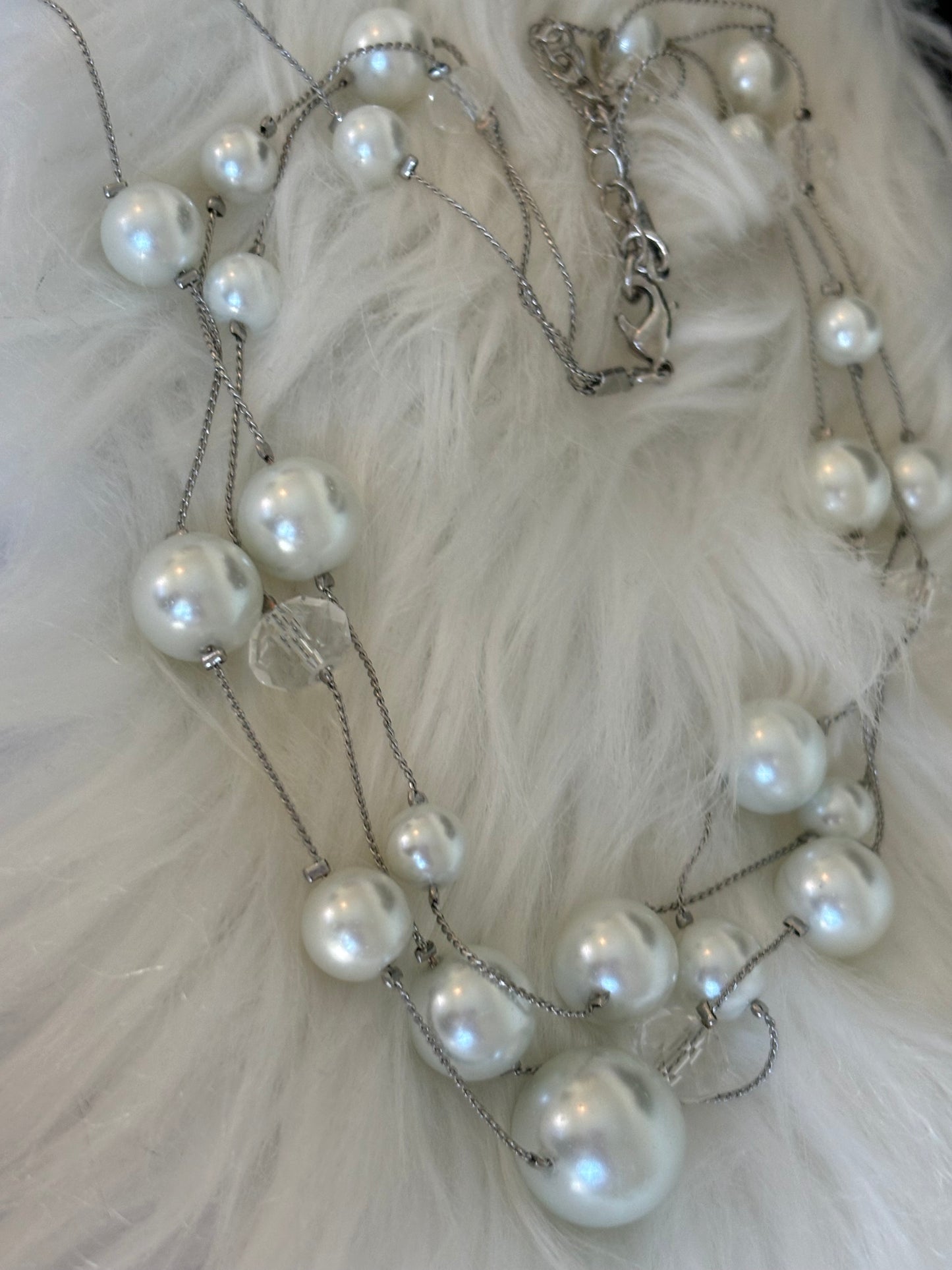 #0092 Silver Toned Pearl and Beaded Multi-Layered Necklace