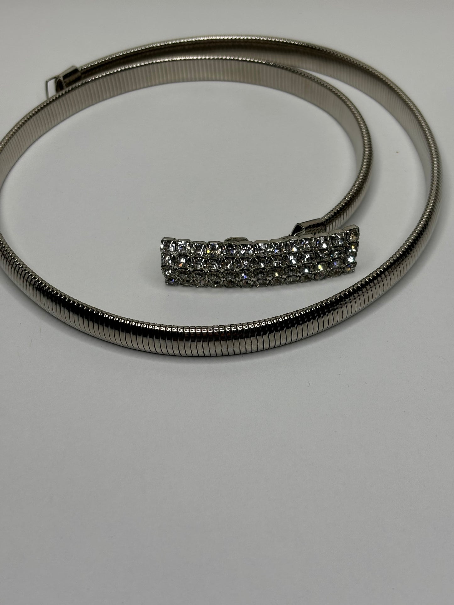 Stretch Clip Silver Toned Belt With Rhinestone Clasp