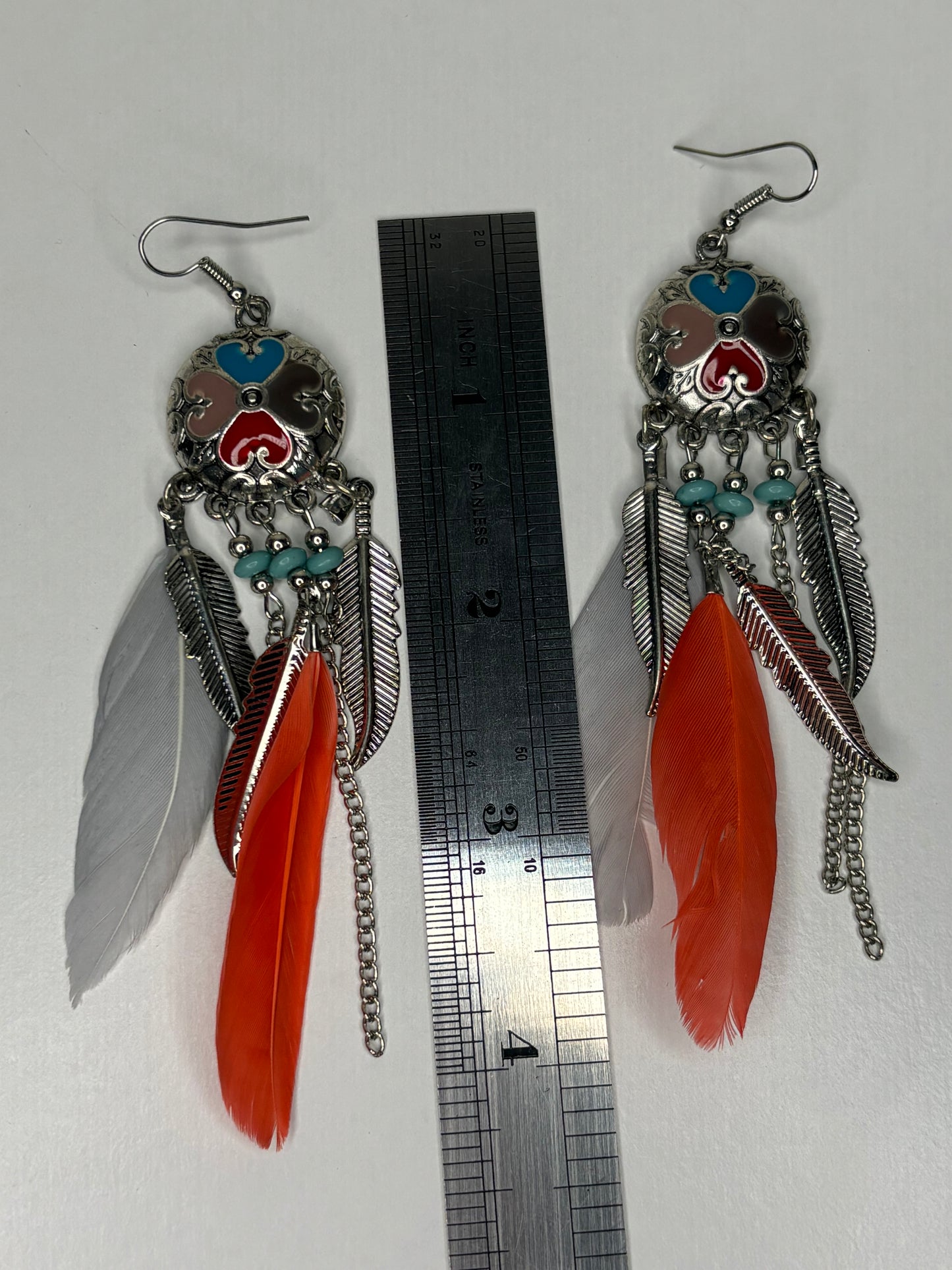 Long 4” Silver Tone and Feather Earrings