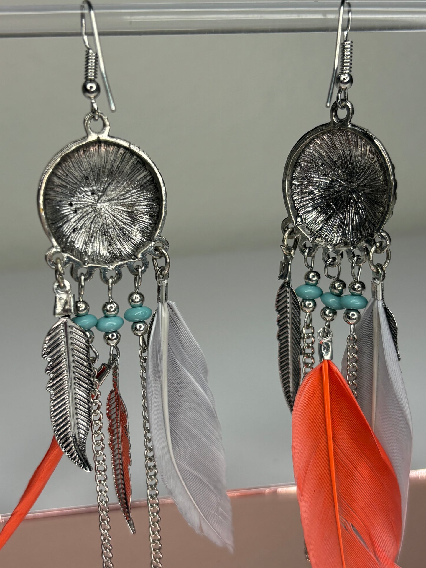 Long 4” Silver Tone and Feather Earrings