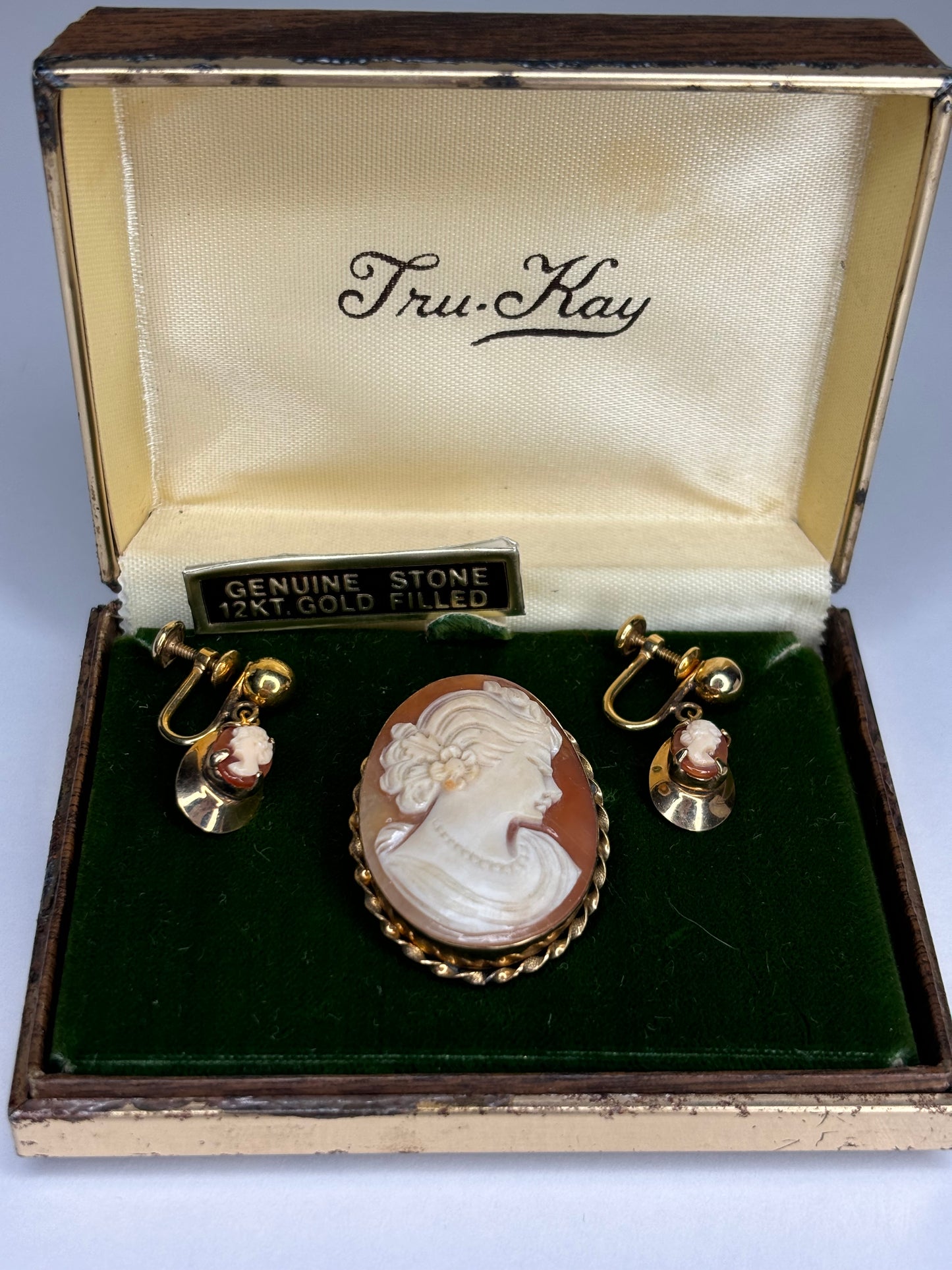 Vintage Tru Kay Genuine Stone & 10k Gold Filled Cameo Brooch and Earrings