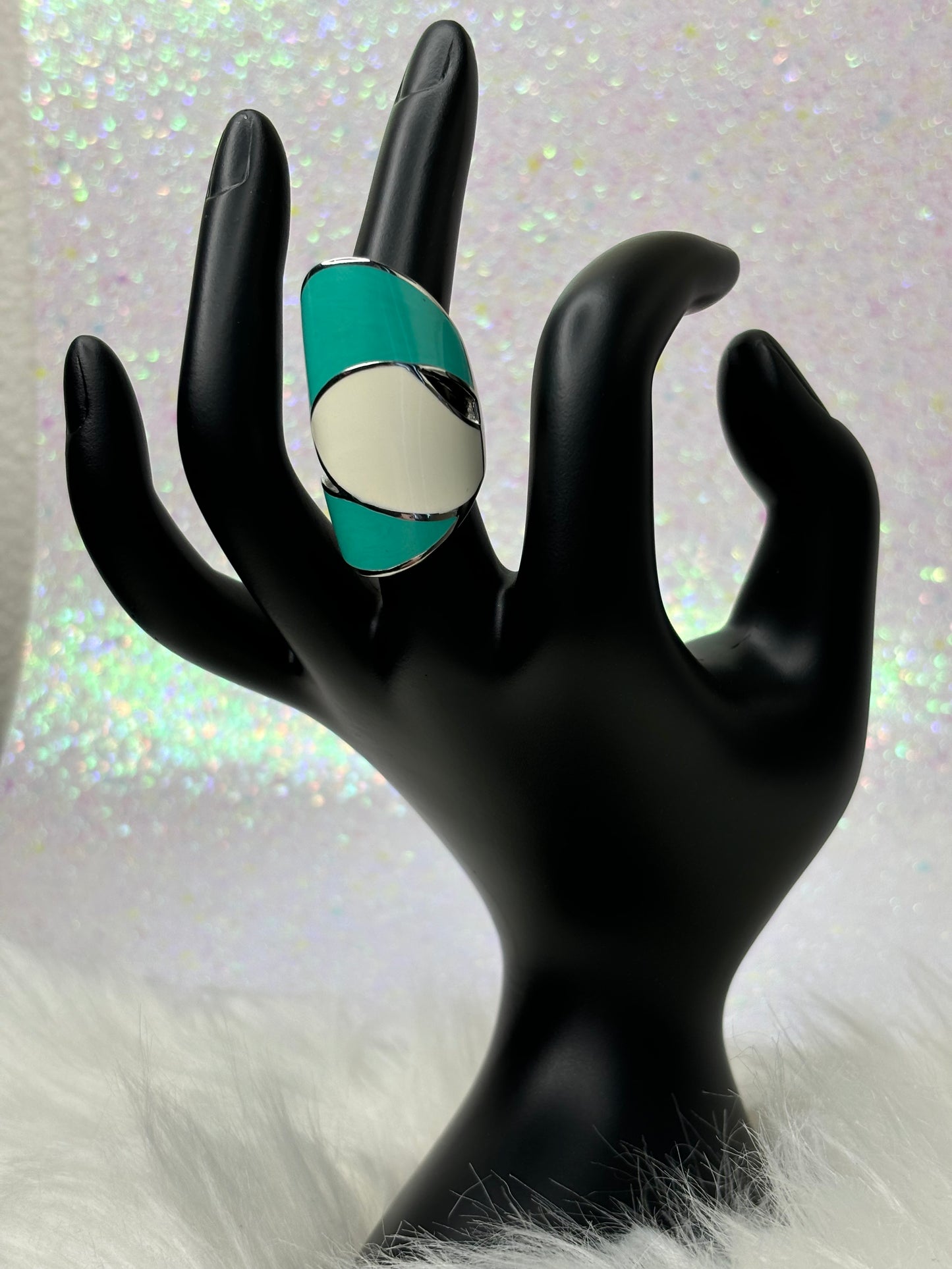 #0119 High Polished Stainless Steel Turquoise and White Ring Sz 5