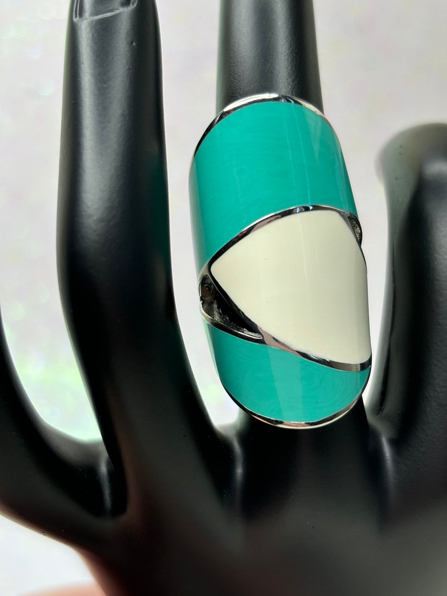 #0119 High Polished Stainless Steel Turquoise and White Ring Sz 5