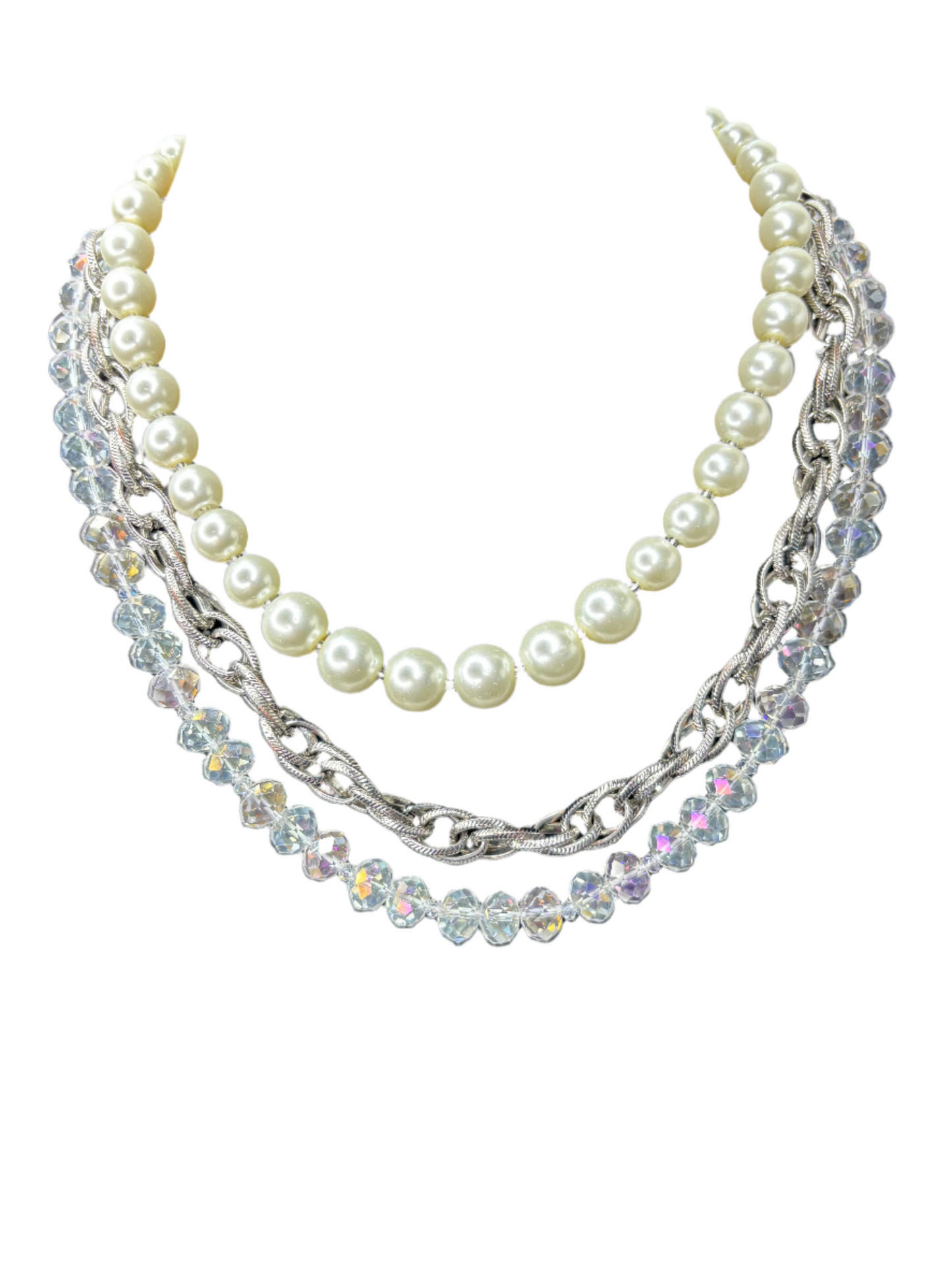 #0021 Multi-Layered Pearl-Metal-Bead Necklace