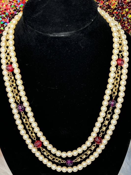 #0017 Vintage Costume Pearl and Beaded Necklace Gold Tone