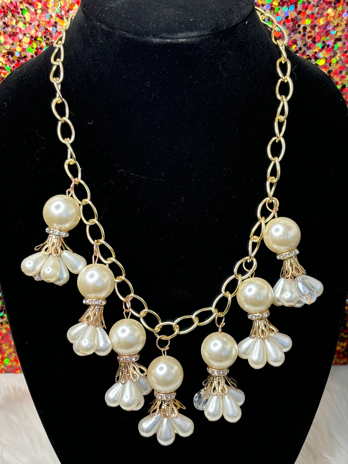 #0015 Gold Toned Costume Pearl Flower Bulb Necklace