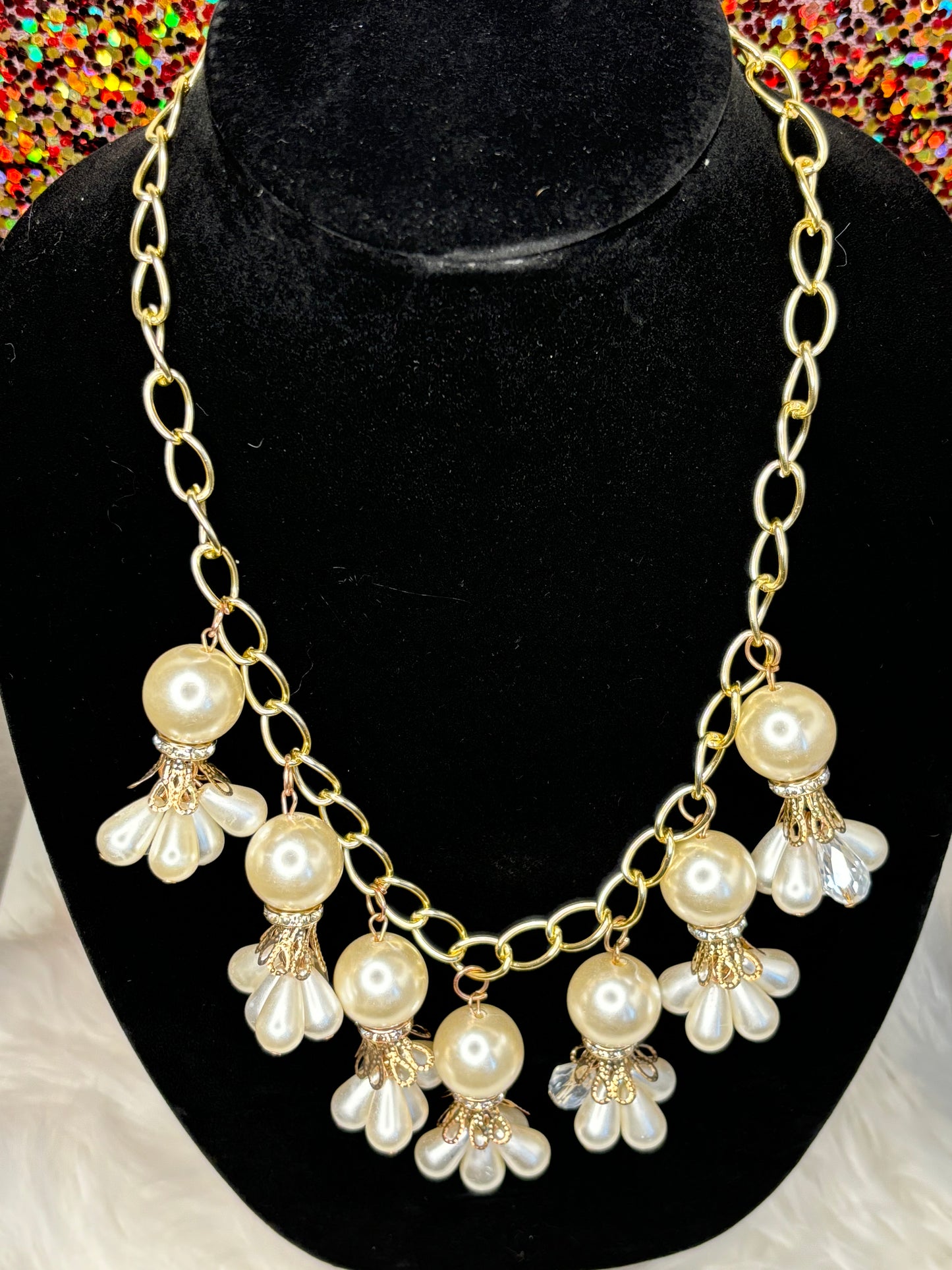 #0015 Gold Toned Costume Pearl Flower Bulb Necklace