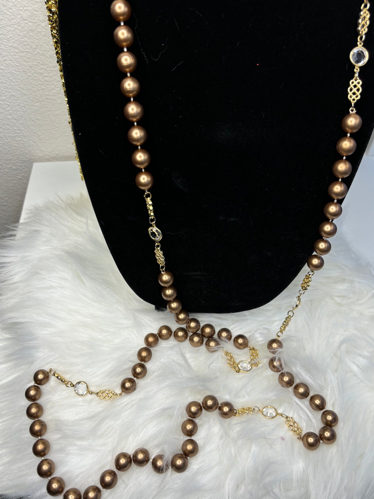 #0024 58" Brown Pearl Necklace with Crystal Detail