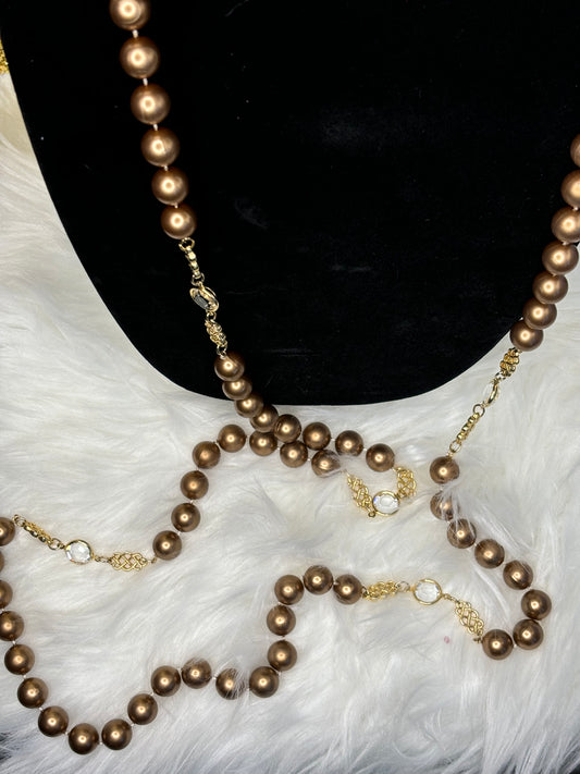 #0024 58" Brown Pearl Necklace with Crystal Detail