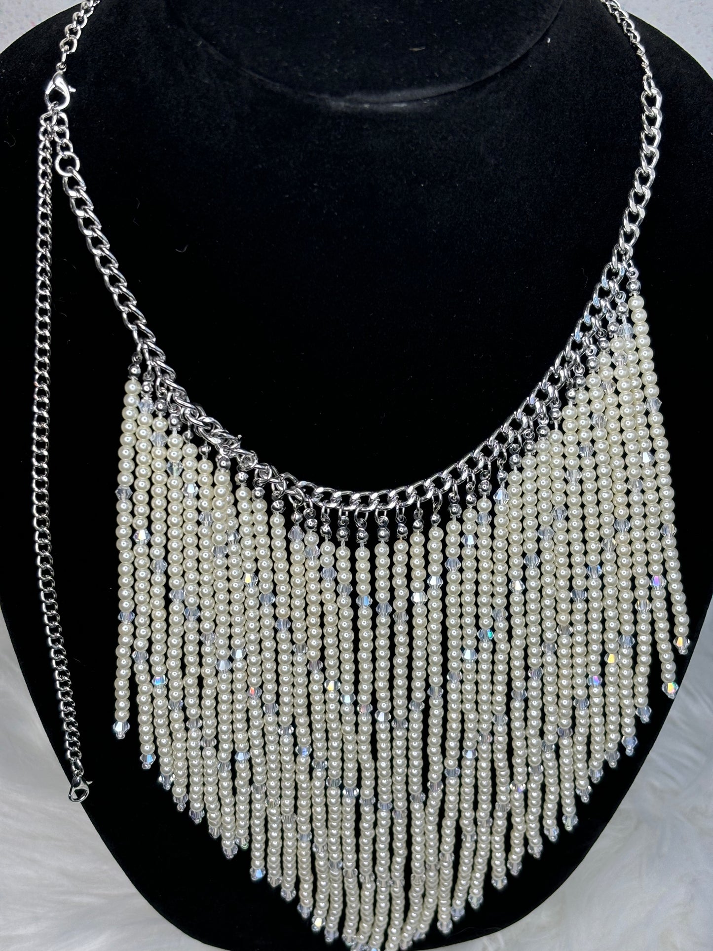 #0009 Fringe Beaded Necklace with Silver Toned Hardware