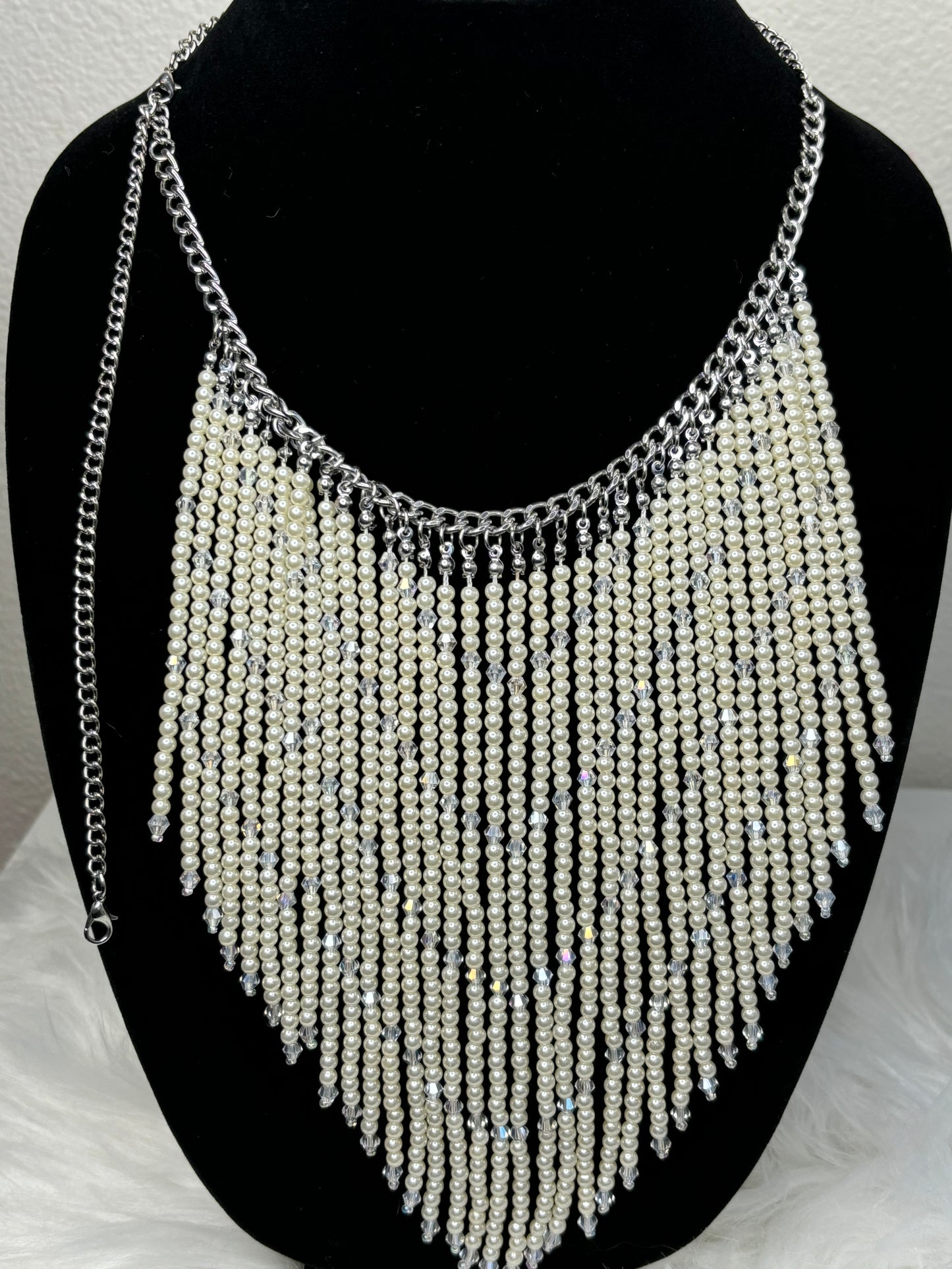 #0009 Fringe Beaded Necklace with Silver Toned Hardware