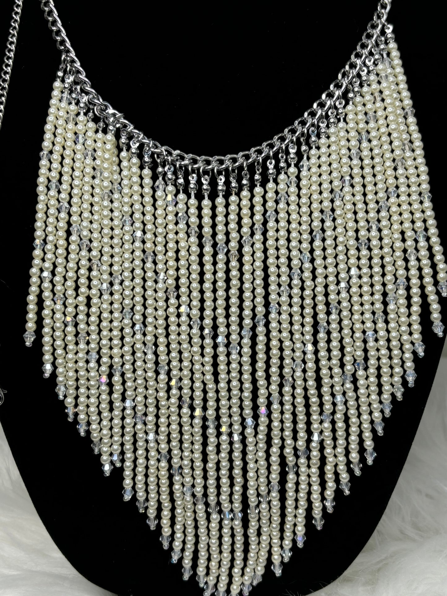 #0009 Fringe Beaded Necklace with Silver Toned Hardware