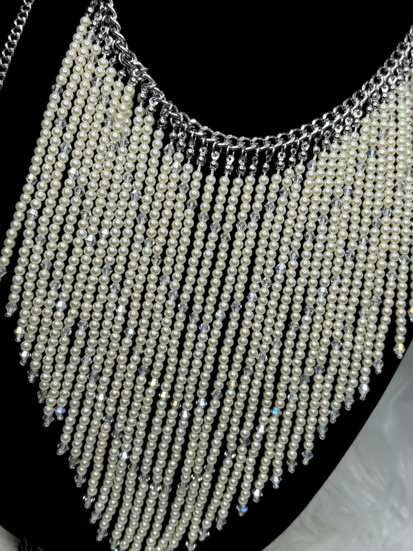 #0009 Fringe Beaded Necklace with Silver Toned Hardware