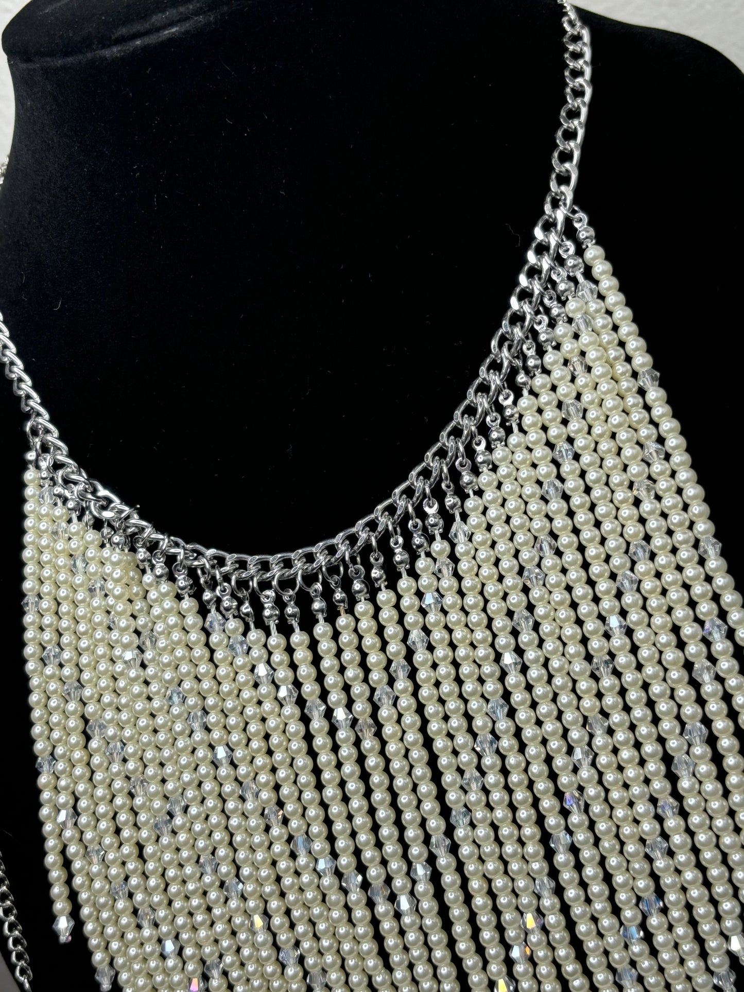 #0009 Fringe Beaded Necklace with Silver Toned Hardware