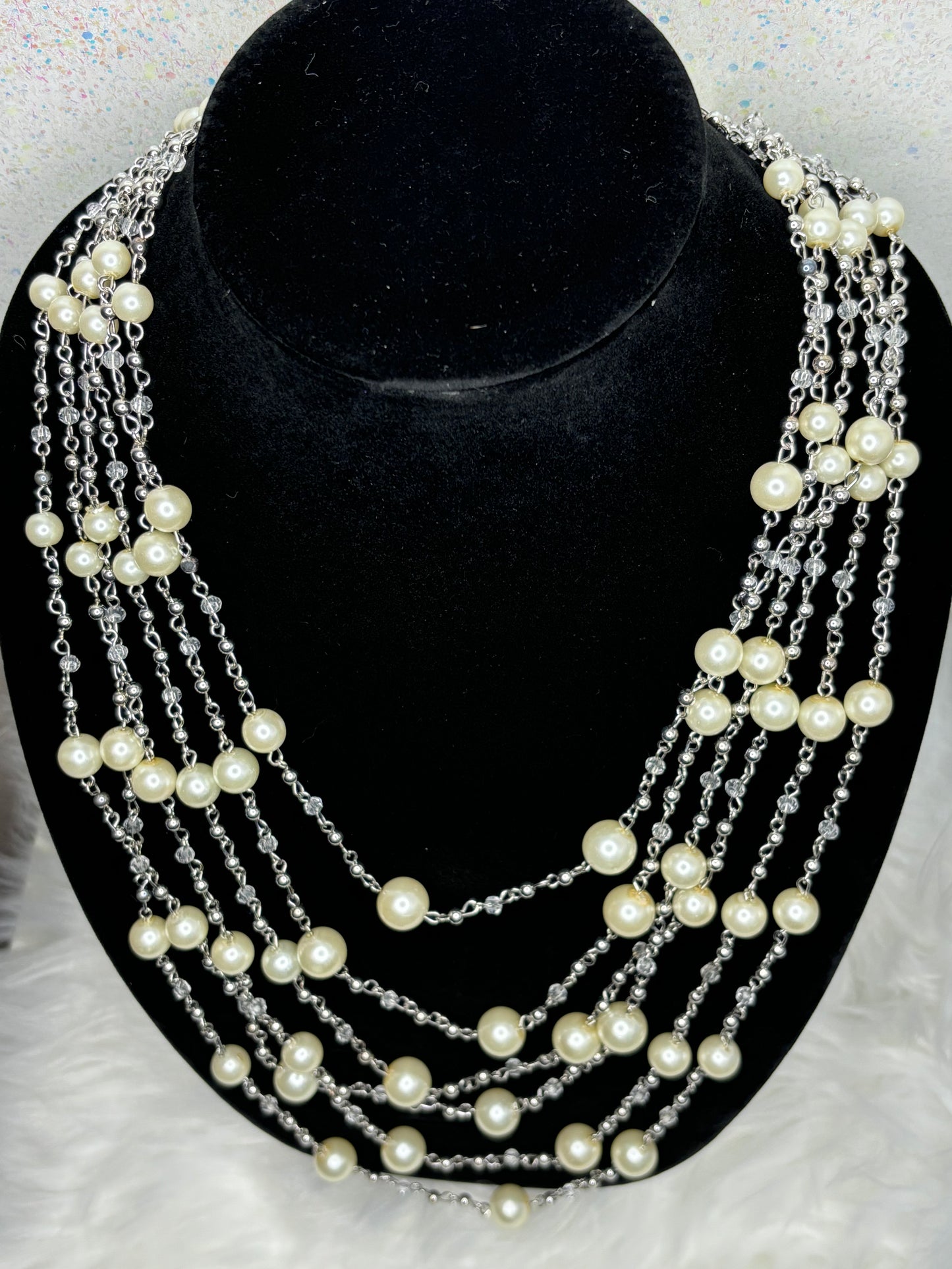 #0087 Silver Toned Pearl and Bead Necklace