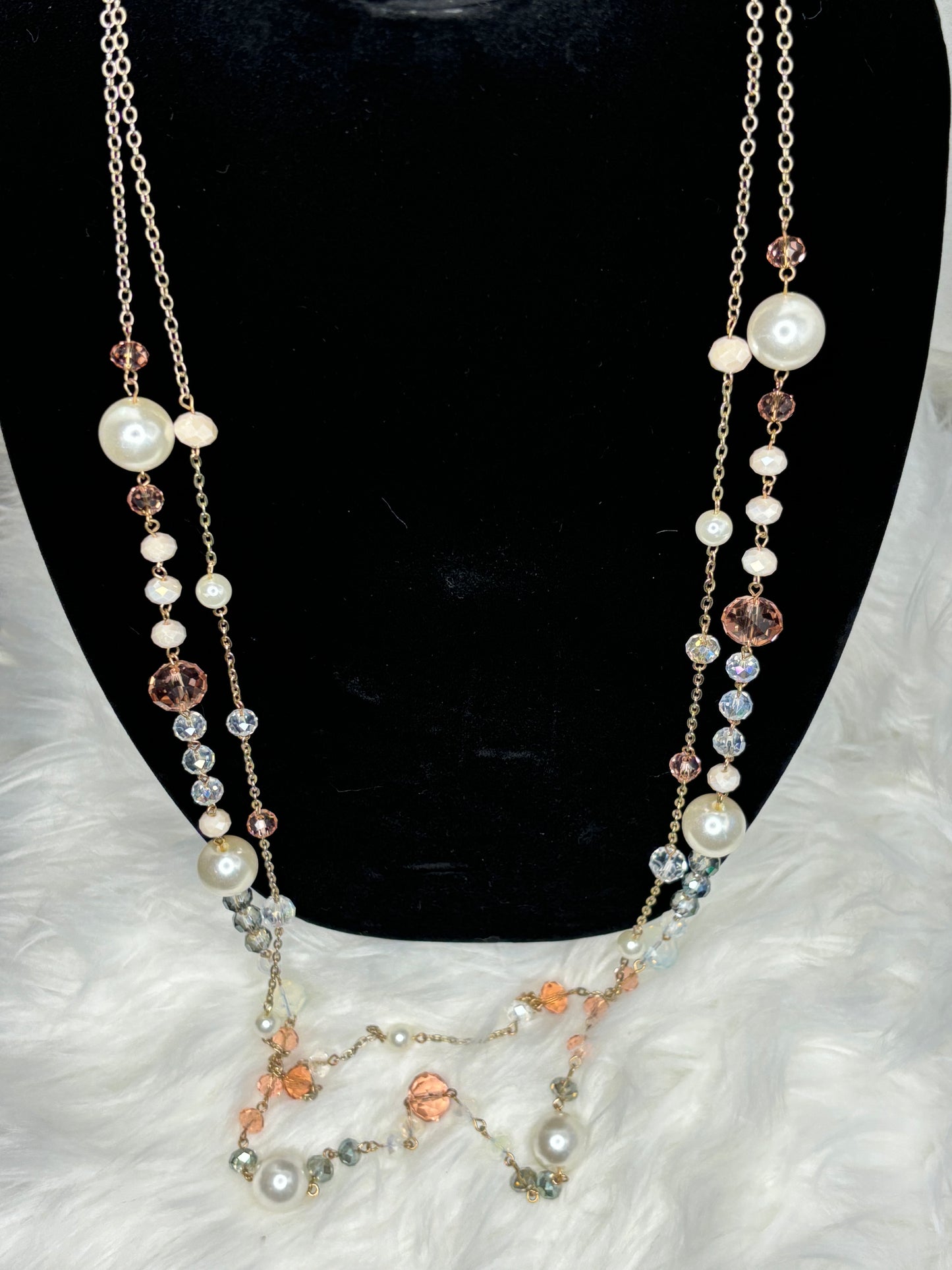 #0004  40” Gold Tone Pearl and Beaded Necklace