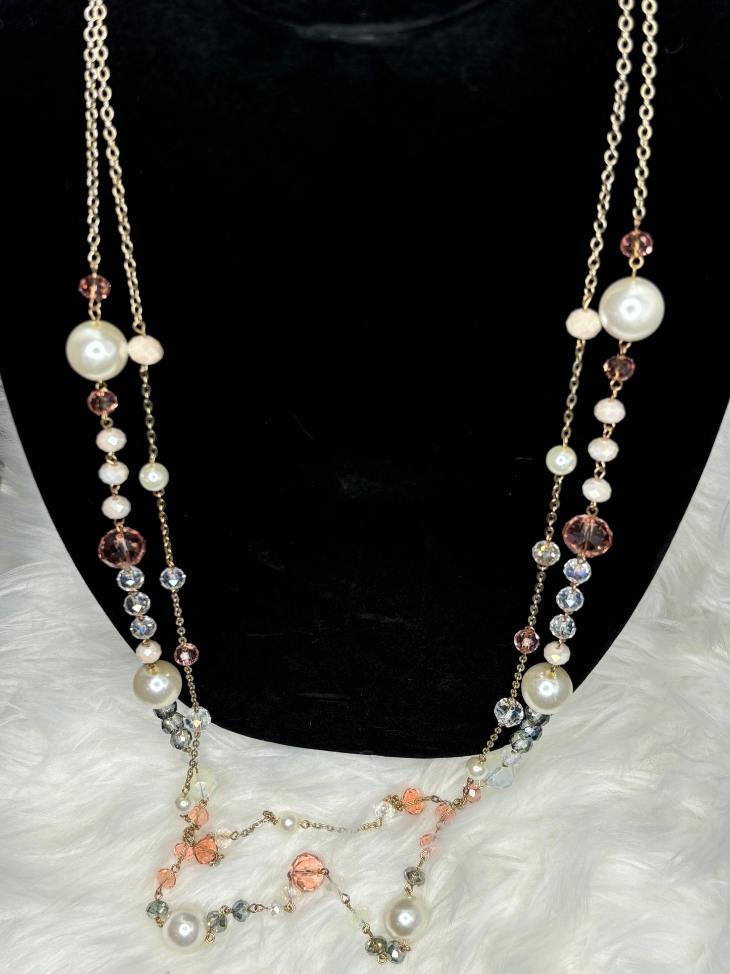 #0004  40” Gold Tone Pearl and Beaded Necklace