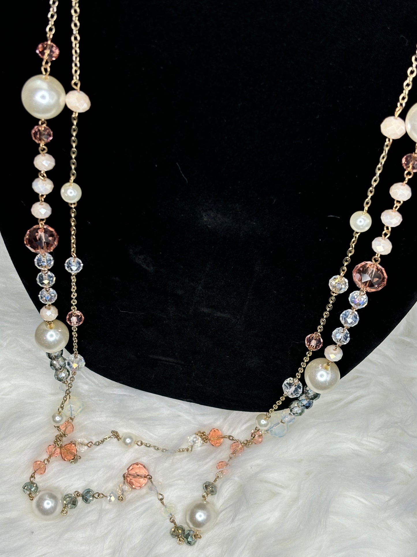 #0004  40” Gold Tone Pearl and Beaded Necklace