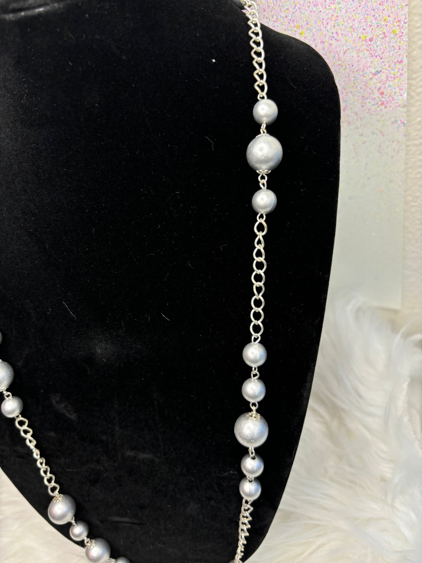 #0048 48" Faux Light Blue Pearl Necklace Silver Toned