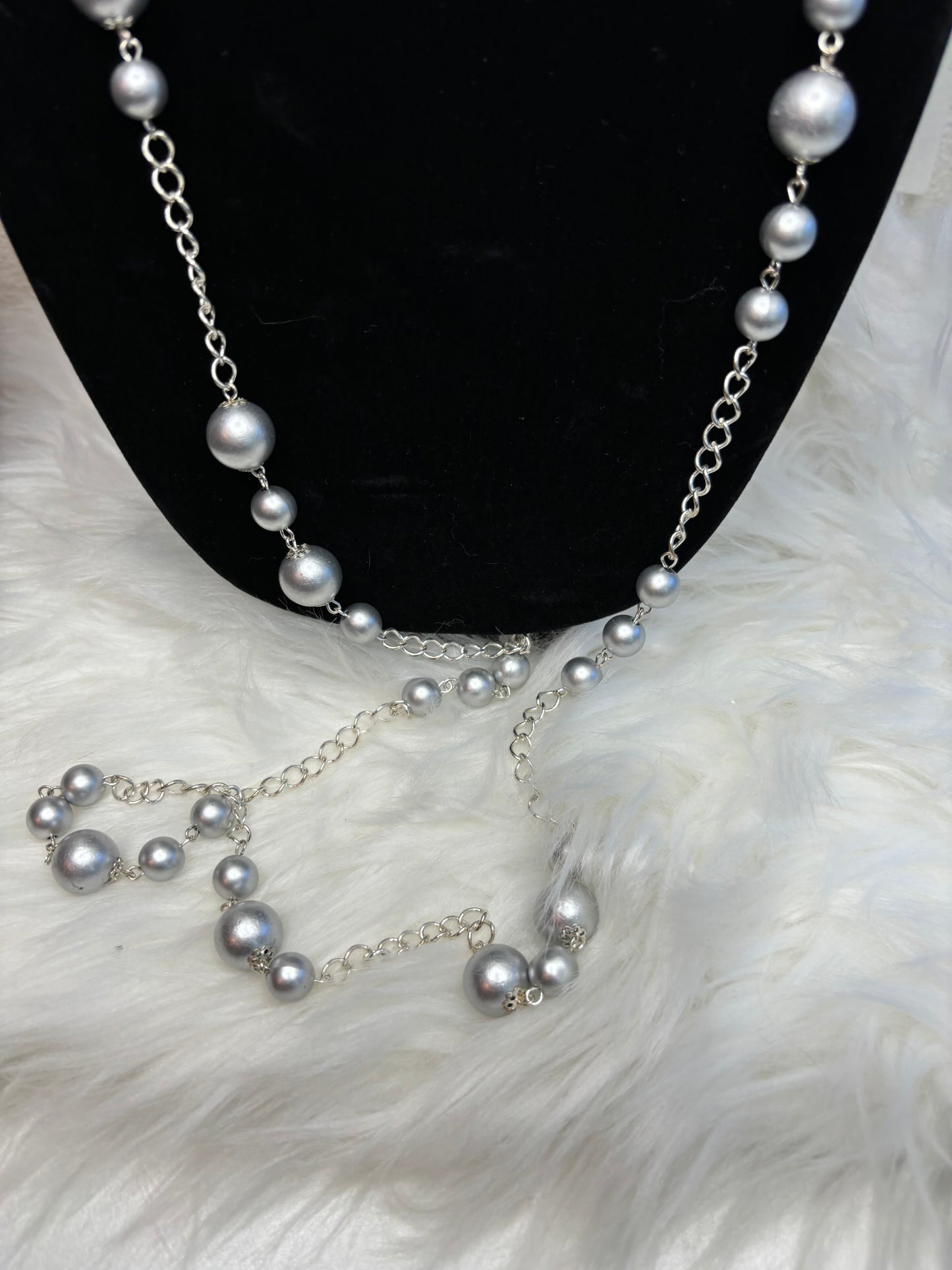 #0048 48" Faux Light Blue Pearl Necklace Silver Toned