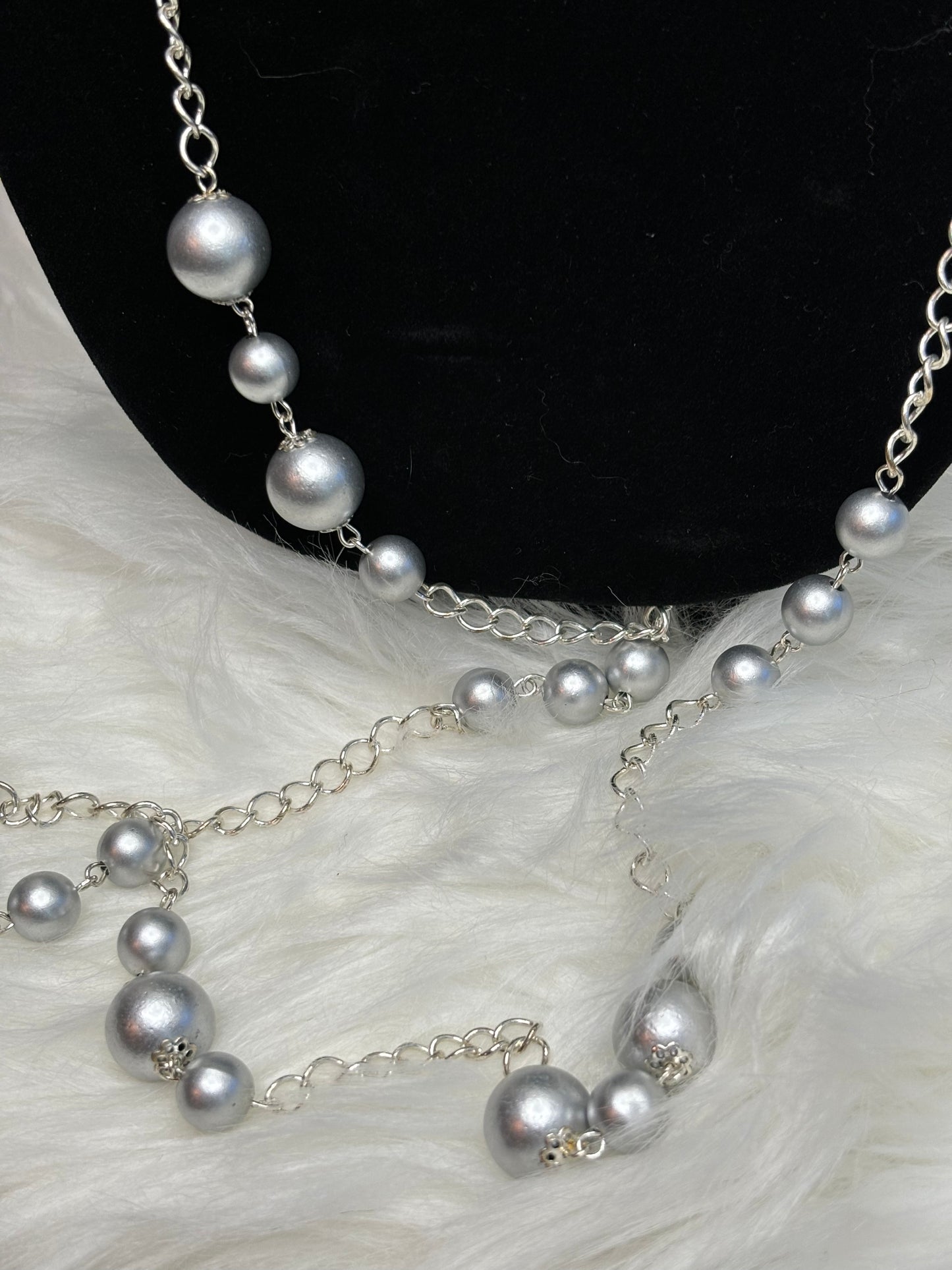 #0048 48" Faux Light Blue Pearl Necklace Silver Toned