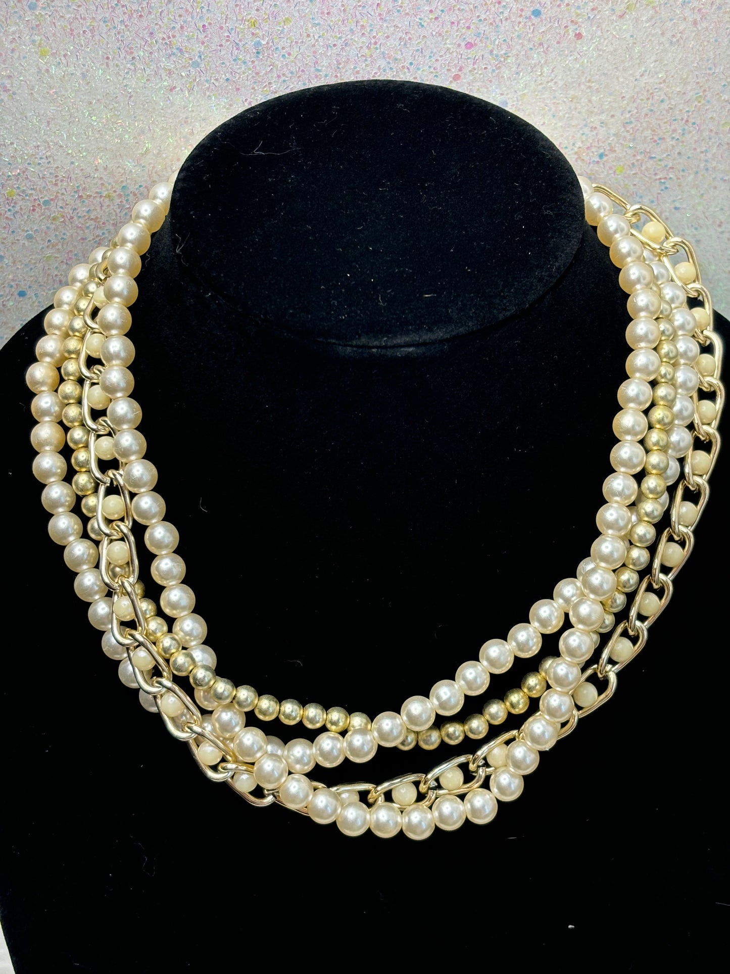 #0097 Stacked Faux Pearls and Gold Tone Necklace