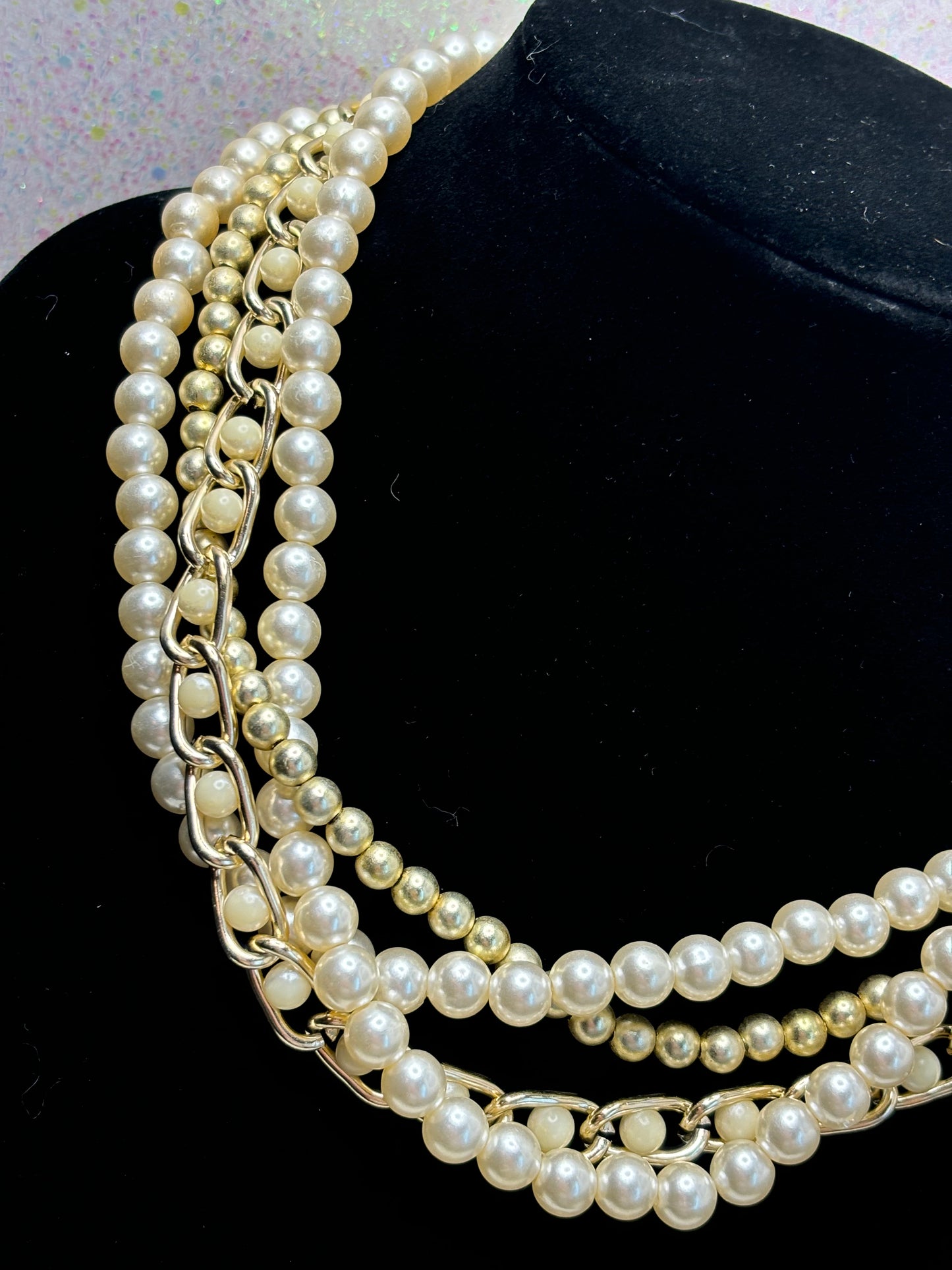 #0097 Stacked Faux Pearls and Gold Tone Necklace