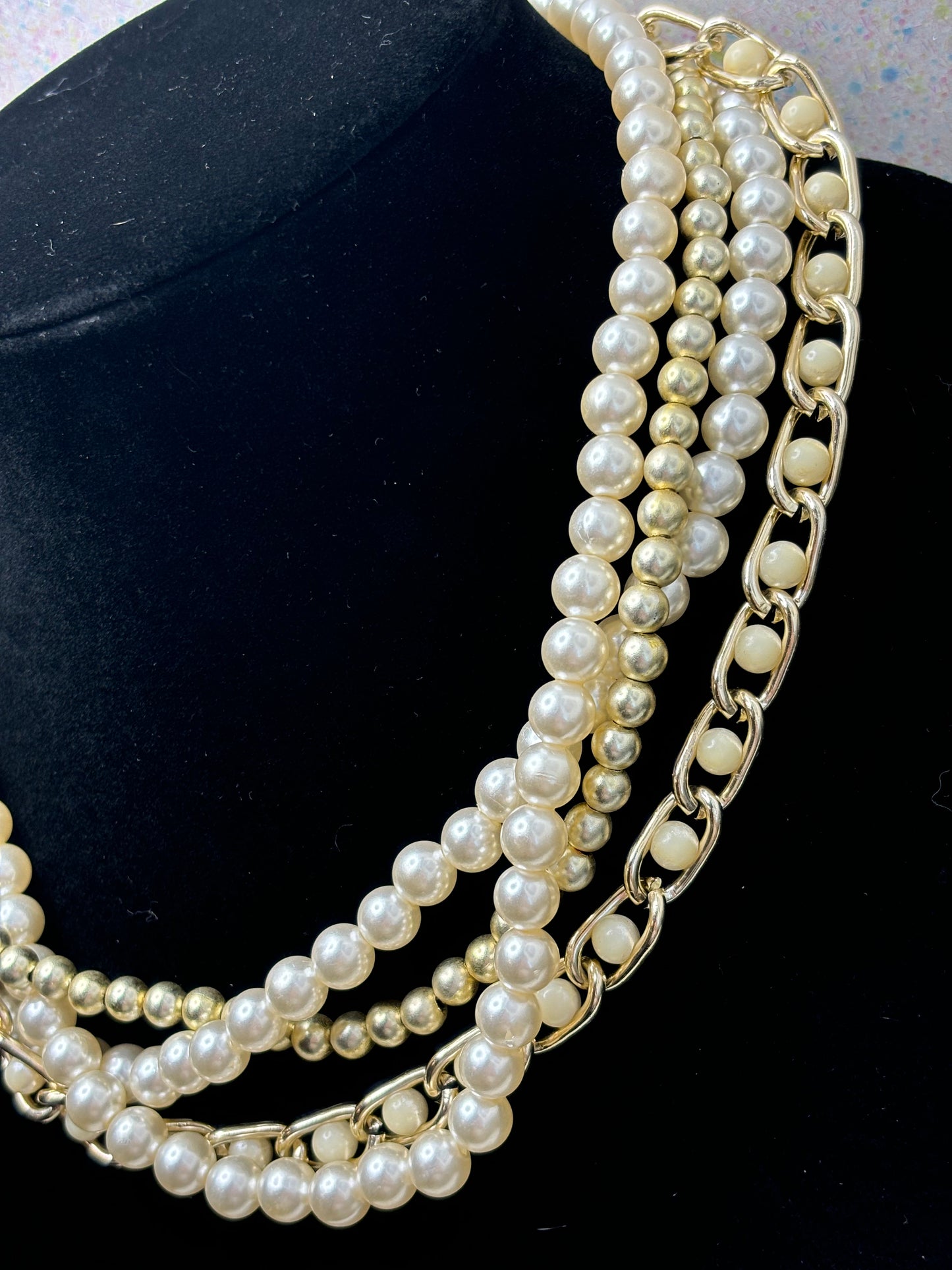 #0097 Stacked Faux Pearls and Gold Tone Necklace