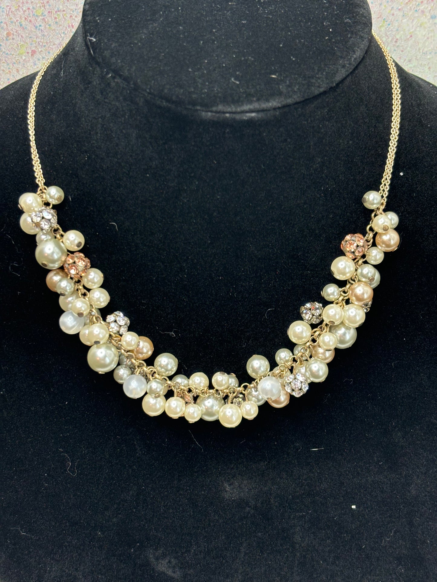 #0108 Gold Tone Pearl and Rhinestone Necklace